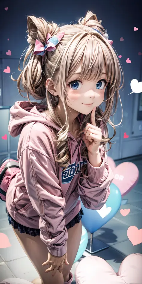 Cute girl, pink bows, pink hoodie, blue eyes, stars, hearts, plushies, boots, high definition, 8k, (((Nice hands))), cute face,