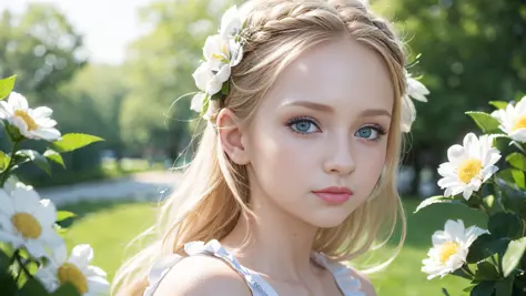 (The highest quality of one russian girl:1.3), with braided hair, blue eyes, (cute white dress:1.3), (detailed eyes:1.1), perfec...