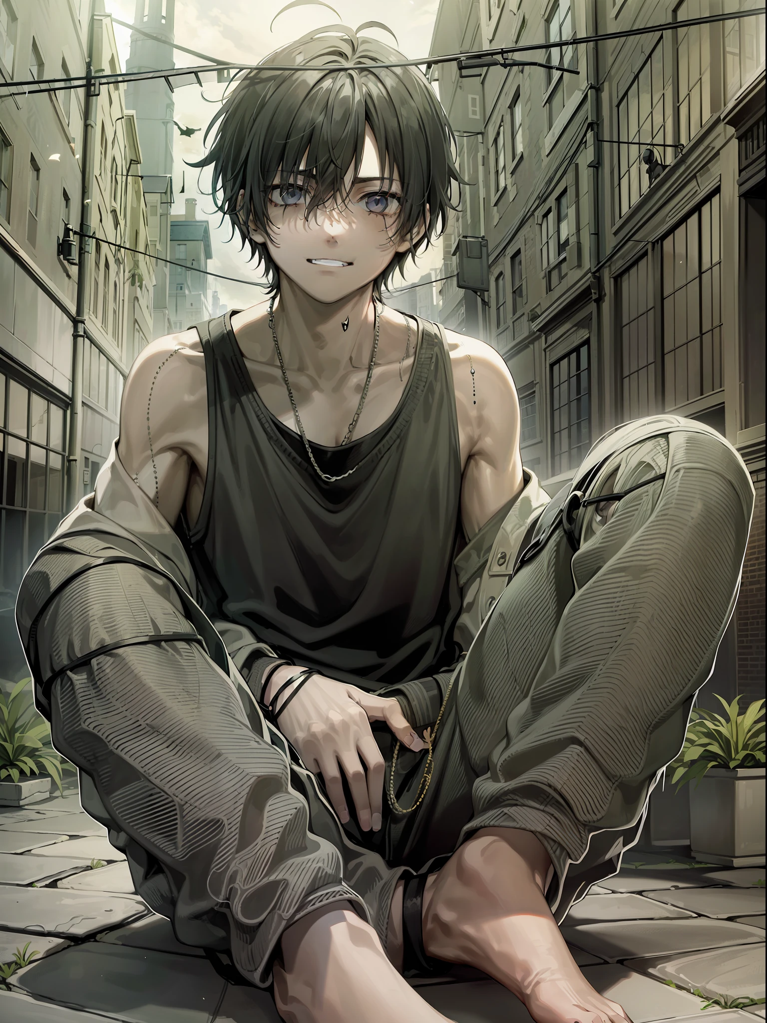 1boy, (Male):1.5 boy with dark, piercing black eyes, which seem to reveal deep mysteries. He wears a dark black tank top with his baggy pants, contrasting with his pale skin. Her hair is dark black, with white tips that give a unique touch to her look. His teeth, slightly sharp, give it an enigmatic look. His tired look is evident, as are the dark circles that highlight his exhausted appearance. A light, mocking smile appears on his lips, revealing a touch of malice. His feet are barefoot, connecting him to the urban and abandoned environment around him. The scenery is dark, with crumbling buildings and shadows that evoke a mysterious and dark atmosphere.