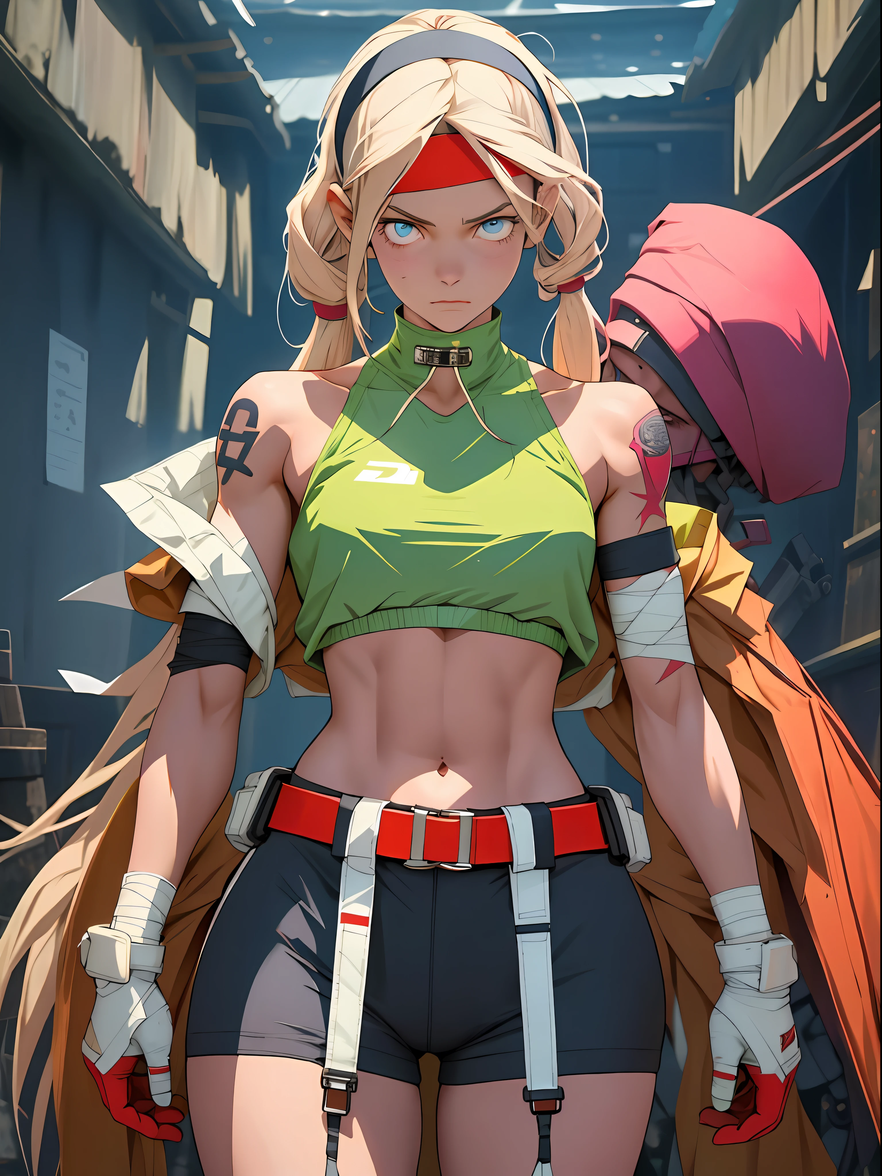 full body shot, 1girl,darlims, gloves, headband, muscular female, belt, halterneck, bandages, tattoo, navel, thigh strap, Posture_of_at_least_two_characters, stilt_house,
 (sharp focus, eyes focus, masterpiece,best quality, realistic detail,clear image,realistic,high resolution)