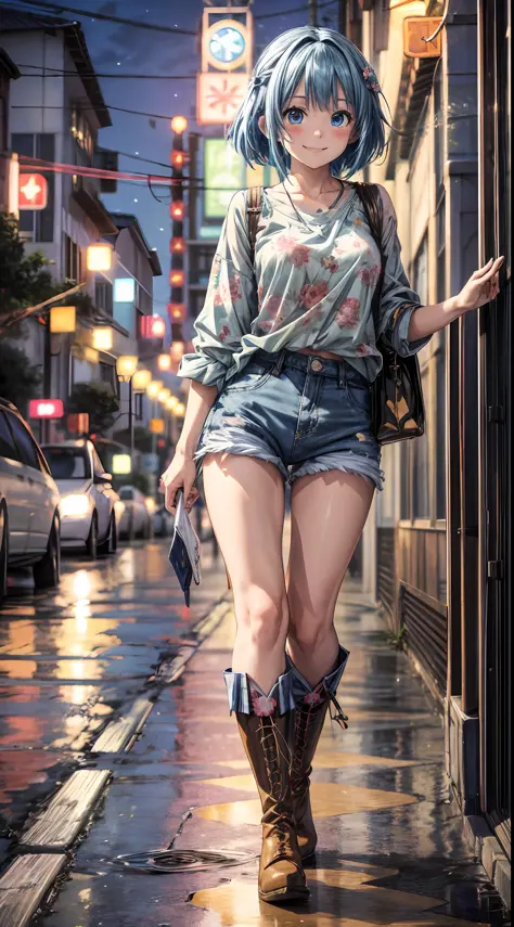 anime style, 1girl, light particles, pov, ((big smile)), ((blue eyes)), jean shorts and floral blouse, blue hair down, boots, we...