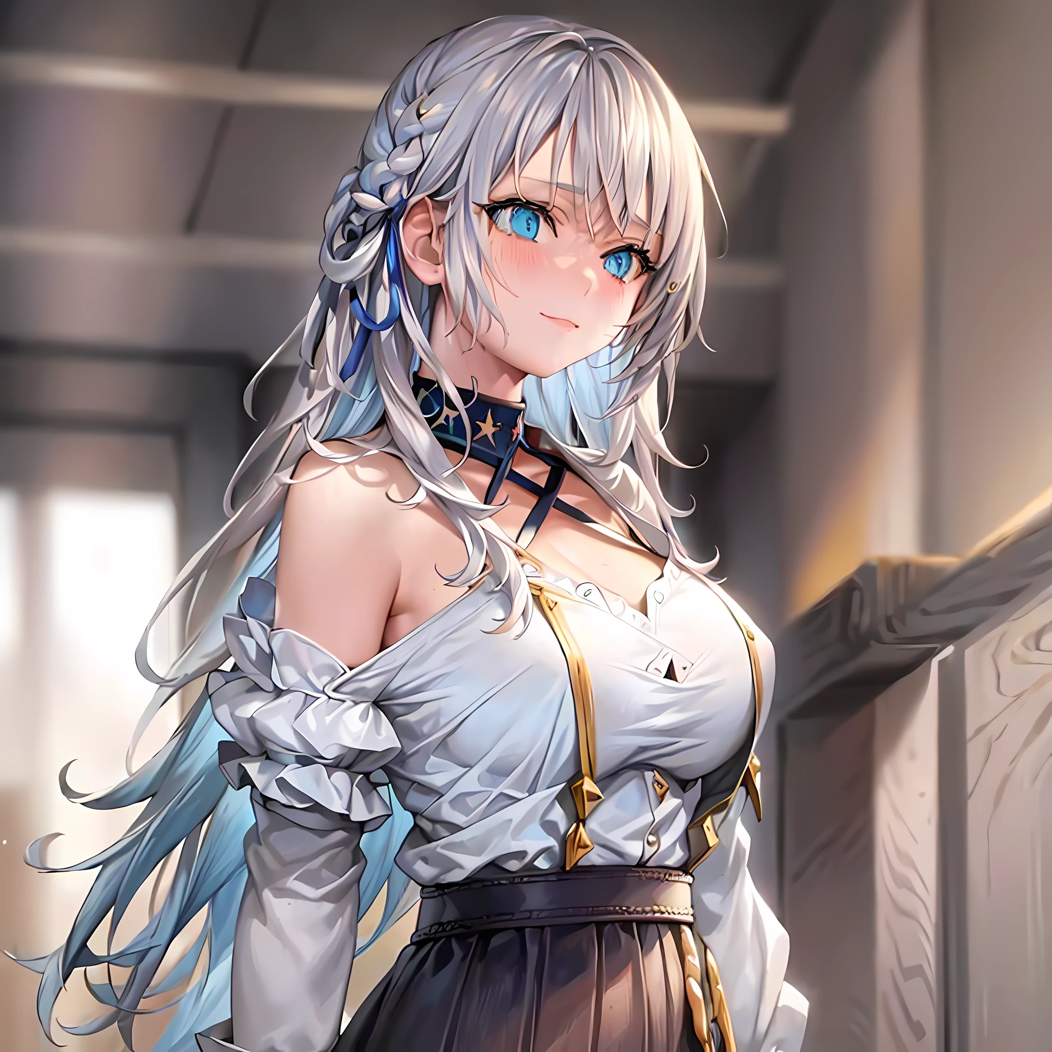 clothes reflecting light, (light diffraction on skin: 1.35), (glossy skin: 1.55), (iridescence effect: 1.55),anime, a woman with white hair and blue eyes smiling seductively is standing in a room, , process art, seductive anime girl, loli in dress, visual anime of a cute girl, girl with perfect white hair, anime moe artstyle,  fine details. Girls Frontline, From Girls Frontline, A Hyperrealistic Schoolgir, Anime Girl Wearing White Shirt with Blue Hair, Breasts, 1Girl, Neckline, Shirt, Long Hair, Blue Eyes, Drowning, Solo, White Shirt, Big Breasts, Wet, Wet Clothes, Blush, Short Sleeves, Bangs,(Masterpiece, Best Quality, Ultra-Detailed: 1.6), Illustration, (Solo, 1 Girl, Beautiful Detailed Eyes: 1.2), City, Street