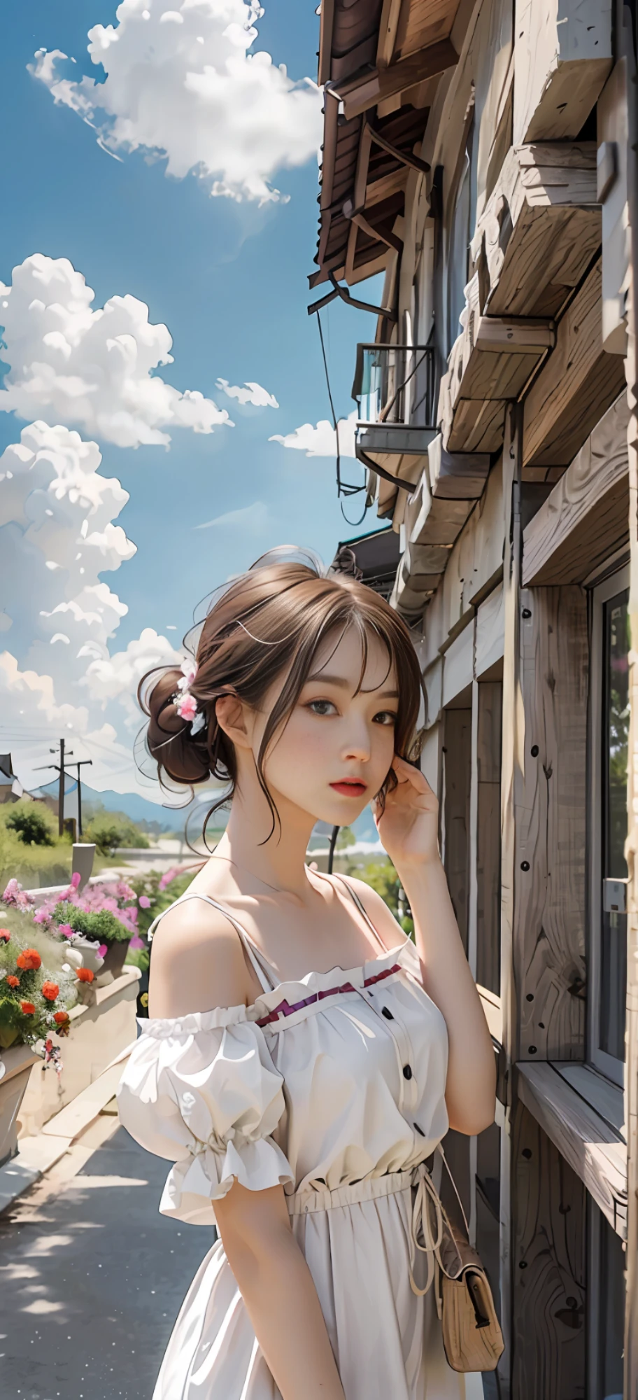 masterpiece, best quality, spring outfit, colorful hair,  outdoor,cloud ,upper body,