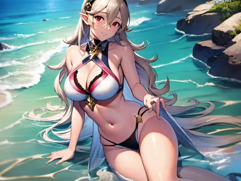 masterpiece, ultra high quality cg, anime, best quality, perfect image, solo, on the beach, ocean in view, sitting, smile, corrin (female), white bikini, large breasts,