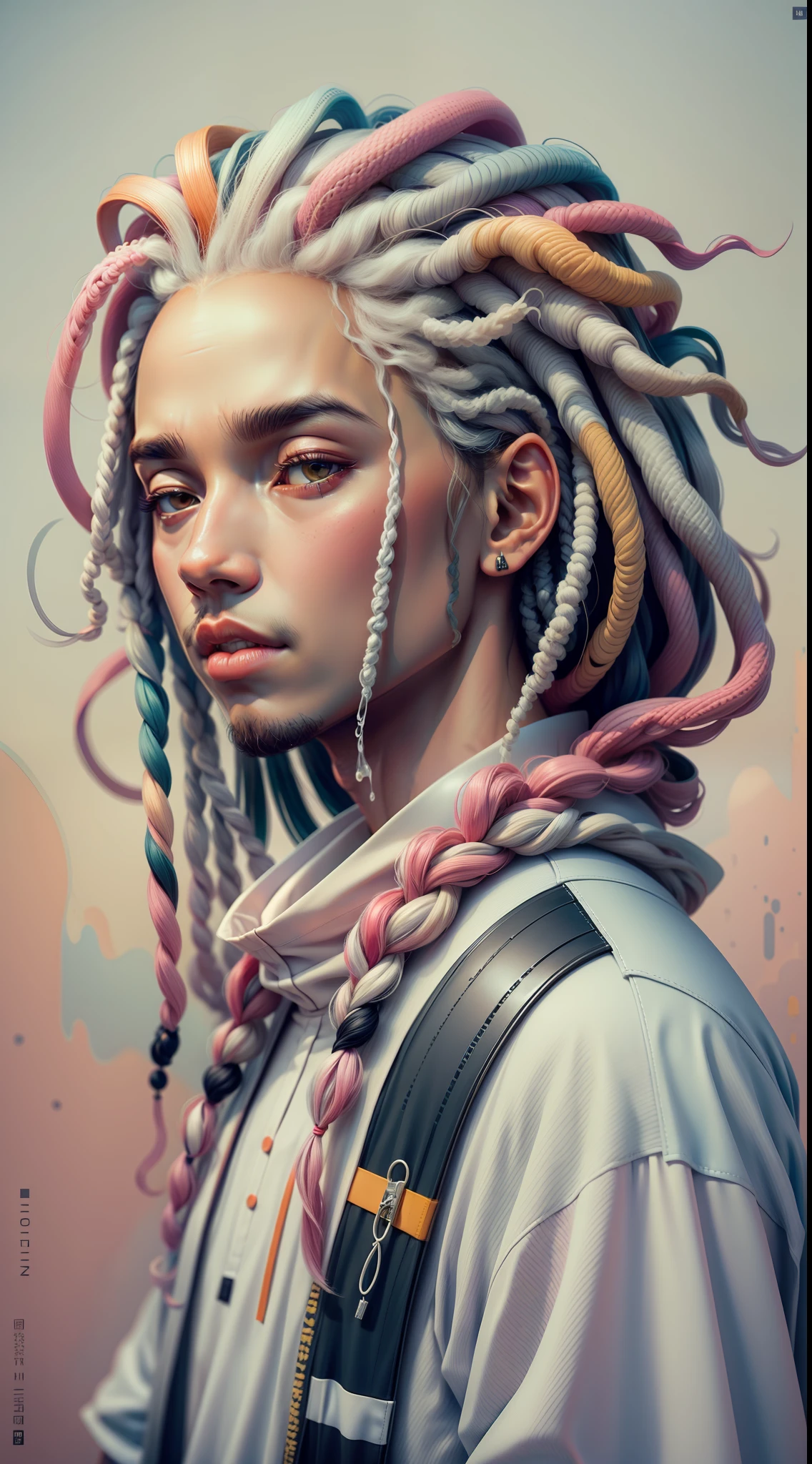 1rapper with dread hair, all-white modern outfit with black stripes, fog, detailed and realistic image, amazing composition with vintage scenery with abstract shapes,fundo minimalista abstrato com tentaculos,melt,drips,yoshitomo nara:1.5, wes anderson:1.3, novo casualismo, retrô, minimalismo