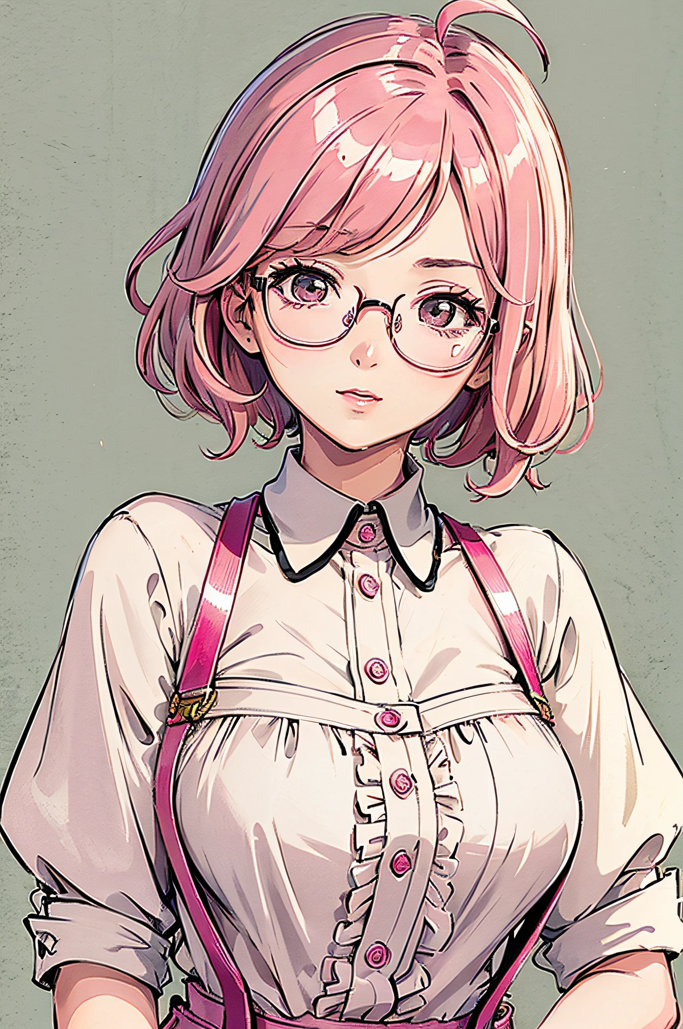 (masterpiece:1.2, best quality), (dinamic lighting) 1lady, solo, short hair, big breasts, (shiny skin:1.2), upper body, glasses, modern, wavy pink hair,pink Suspenders, flower on ear, harajuku style, hair pin, loli ,ahoge