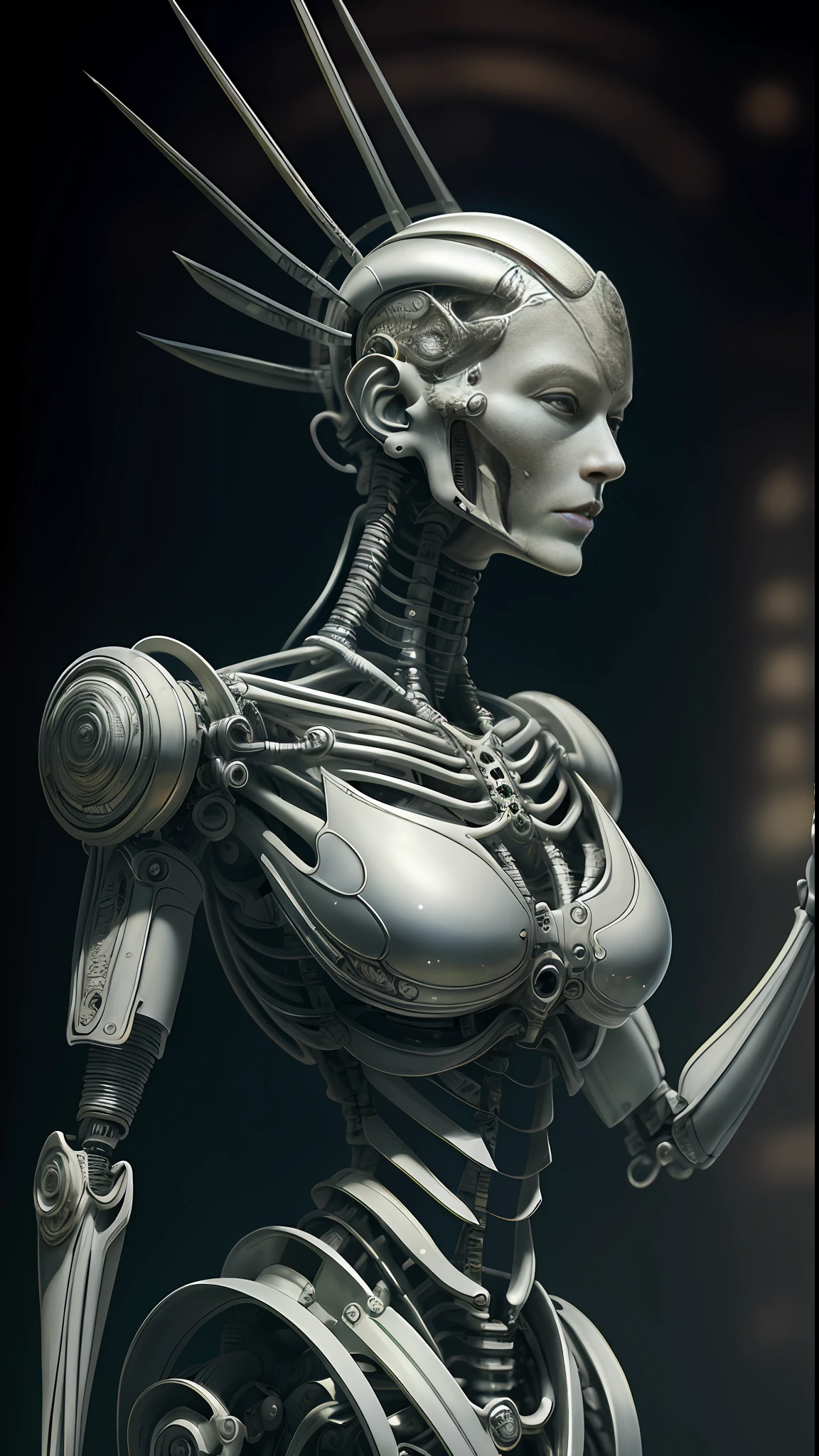 Intricate 3d rendering of highly detailed beautiful ceramic silhouette female robot face, cyborg, robot parts, 150 mm, beautiful studio soft light, rim light, vibrant details, luxury cyberpunk, lace, surreal, anatomy , Facial Muscles, Cable Wires, Microchips, Elegance, Beautiful Background, Octane Rendering, HR Giger Style, 8k, Best Quality, Masterpiece, Illustration, Very Delicate and Beautiful, Very Detailed, CG, Uniform, Wallpaper, ( fidelity, fidelity: 1.37), stunning, fine detail, masterpiece, best quality, official art, very detailed cg unity 8k wallpaper, absurd, unbelievably absurd, robot, silver helmet, full body, sit and write