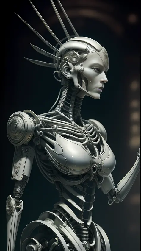 Intricate 3d rendering of highly detailed beautiful ceramic silhouette female robot face, cyborg, robot parts, 150 mm, beautiful...