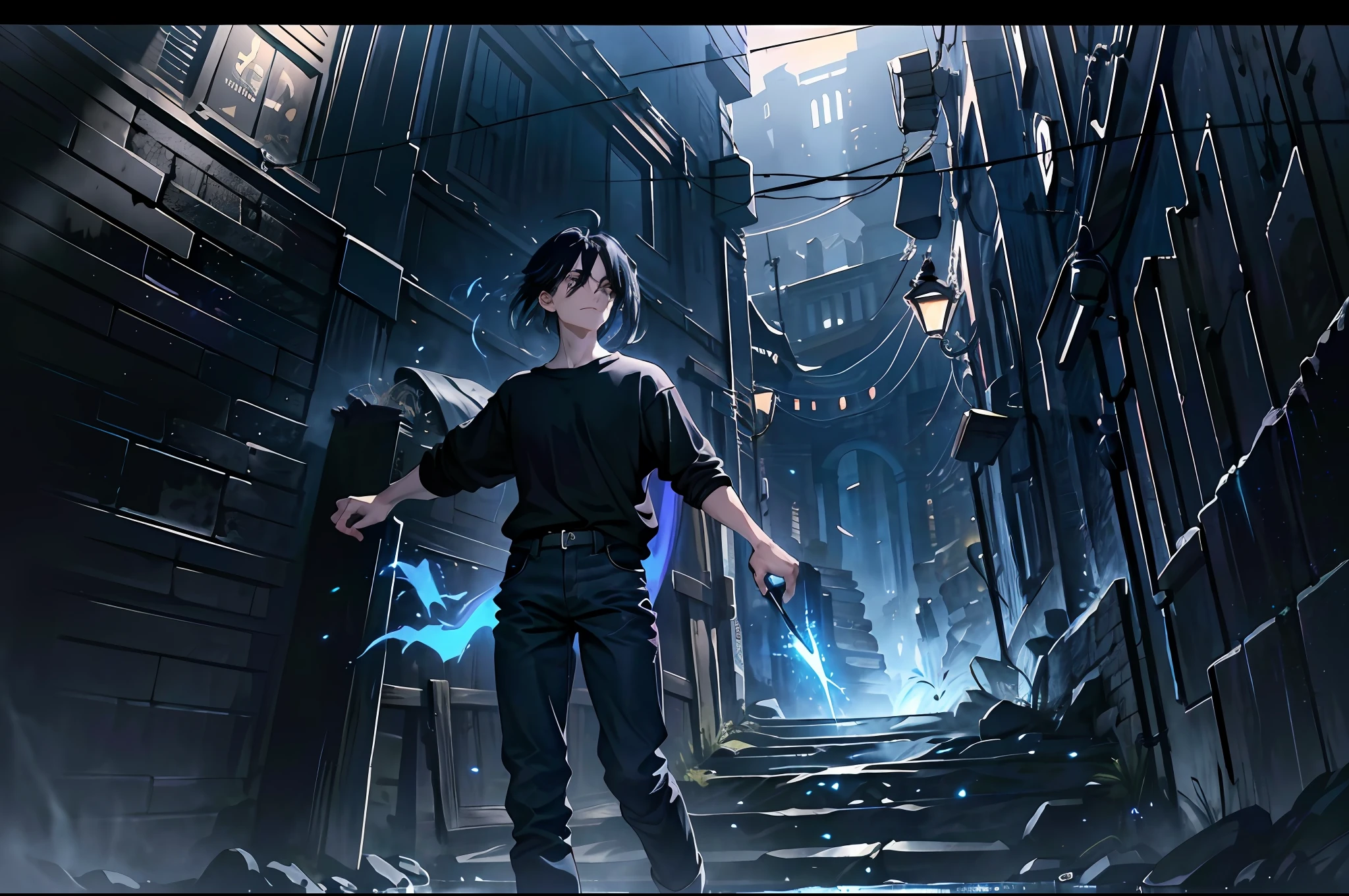 Anime scene of a man standing in a dark alley with a lightning bolt -  SeaArt AI