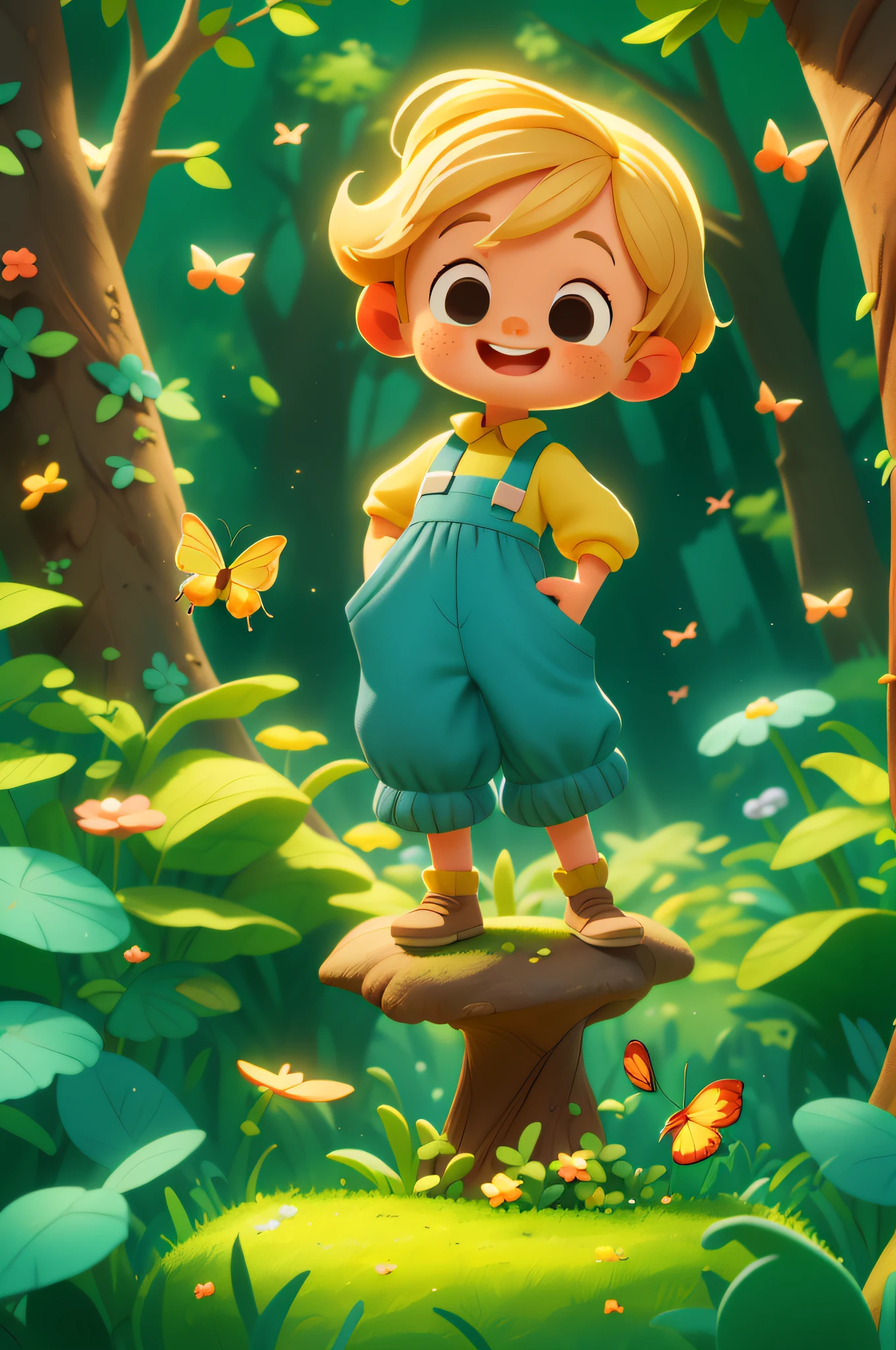 Un hermoso niño feliz de pie, cabello corto rubio, vistiendo un traje espacial azul, jugando con una mariposa, Al aire libre, bosque de fondo, , tono, estilo pixar, 3D, cartono, cara detallada, asimétrico, frente a un gran árbol, lleno de luces doradas a su alrededor