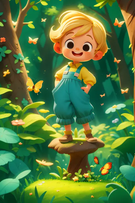 A beautiful happy child standing, short blonde hair, wearing a blue space costume, playing with a butterfly, outdoors, backgroun...