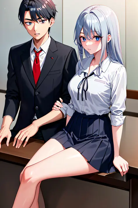 (((masterpiece))), (((best quality))), highres, ((((1girl she has gray hair with blue eyes and 1boy he has short black hair with...
