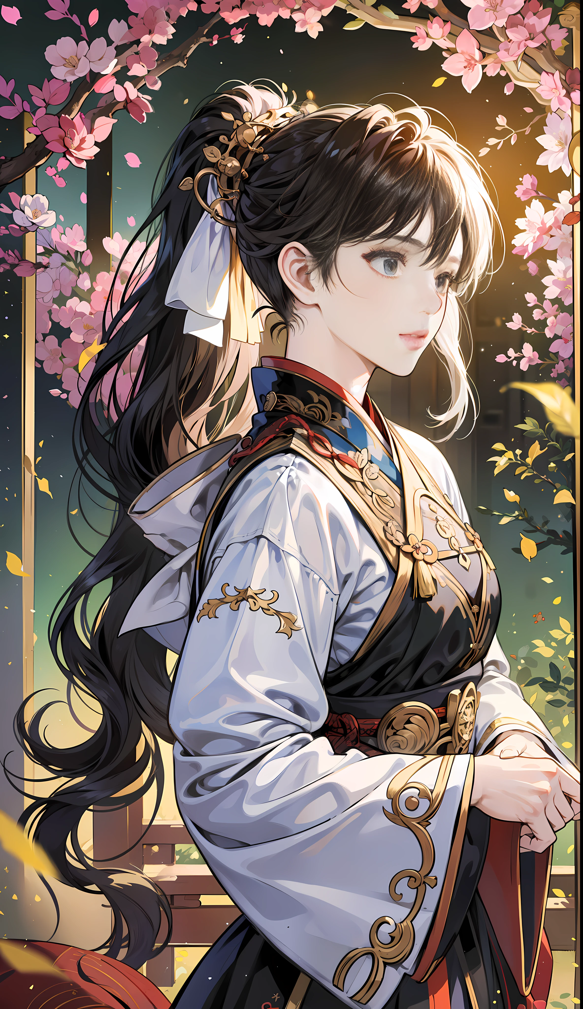 Masterpiece, best quality, high quality, very detailed CG unified 8k wallpaper, girl with long black ponytail, wearing cool period costume Hanfu, handsome, standing fairy streamer national style Chinese style, breeze, needles, branches, bokeh, depth field