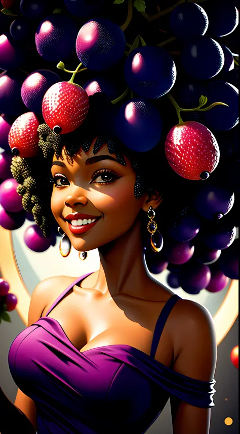 cleavage, grape bodycon dress, ebony woman, ((masterpiece:1.3,concept art,best quality)),very cute appealing anthropomorphic gra...