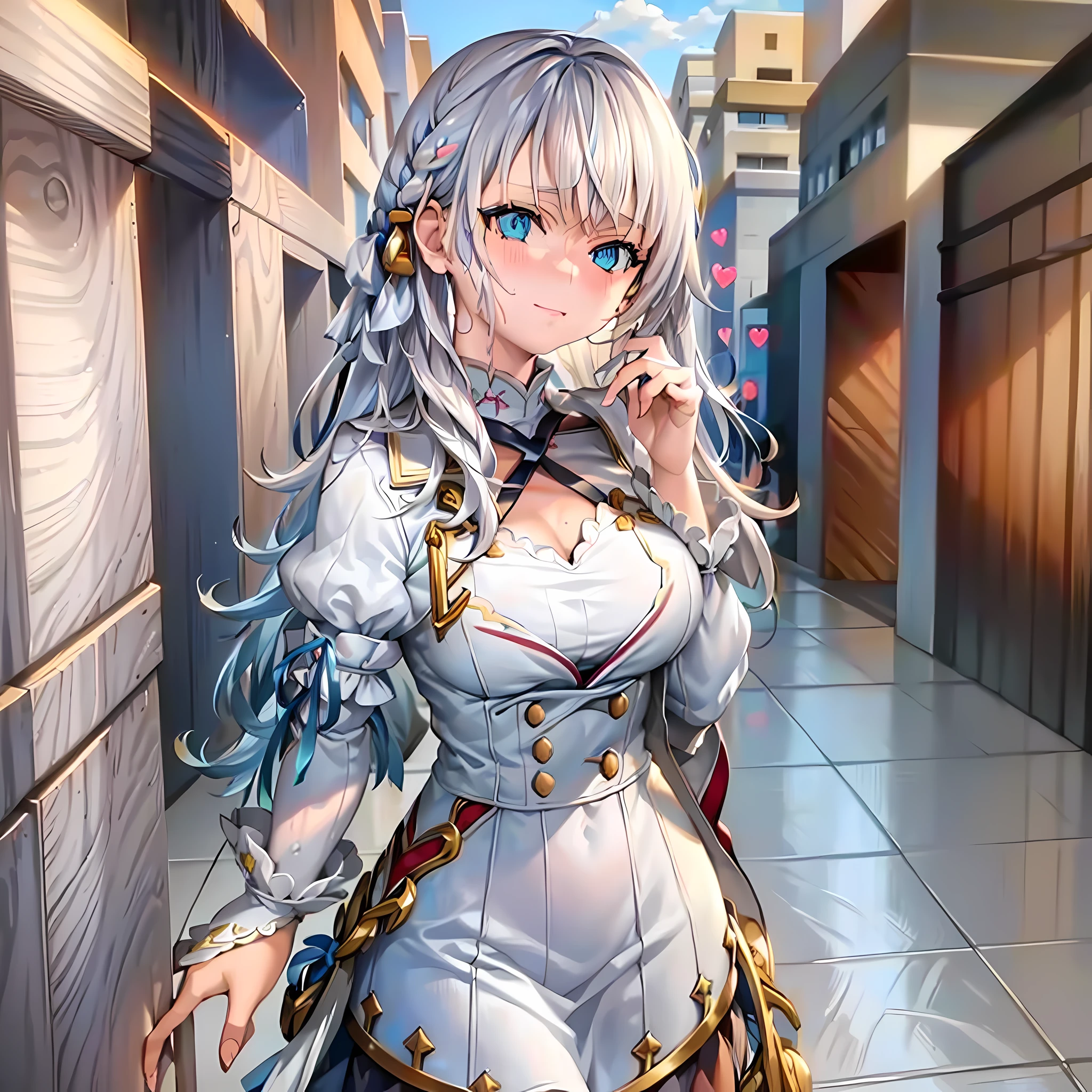 clothes reflecting light, (light diffraction on skin: 1.35), (glossy skin: 1.55), (iridescence effect: 1.55),anime, a woman with white hair and blue eyes smiling seductively is standing in a room, , process art, seductive anime girl, loli in dress, visual anime of a cute girl, girl with perfect white hair, anime moe artstyle,  fine details. Girls Frontline, From Girls Frontline, A Hyperrealistic Schoolgir, Anime Girl Wearing White Shirt with Blue Hair, Breasts, 1Girl, Neckline, Shirt, Long Hair, Blue Eyes, Drowning, Solo, White Shirt, Big Breasts, Wet, Wet Clothes, Blush, Short Sleeves, Bangs,(Masterpiece, Best Quality, Ultra-Detailed: 1.6), Illustration, (Solo, 1 Girl, Beautiful Detailed Eyes: 1.2), City, Street,Making a Heart with Your Fingers