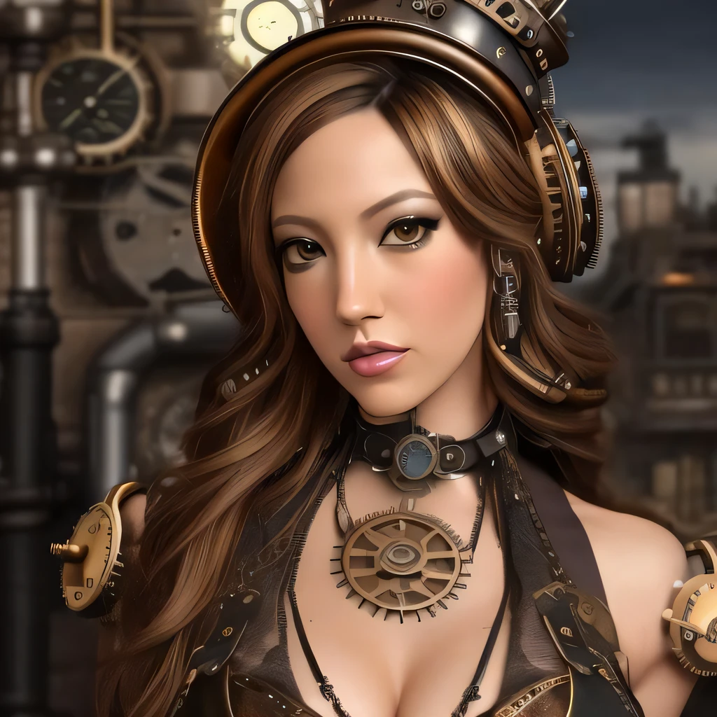 photo of jenna, (front to camera), (((steampunk style close))),  ((steampunk city on the background)), RAW, analog style, ultra detailed photograph, cinematic lighting, artstation, 4k, sharp focus, high resolution, detailed skin, detailed eyes, janice