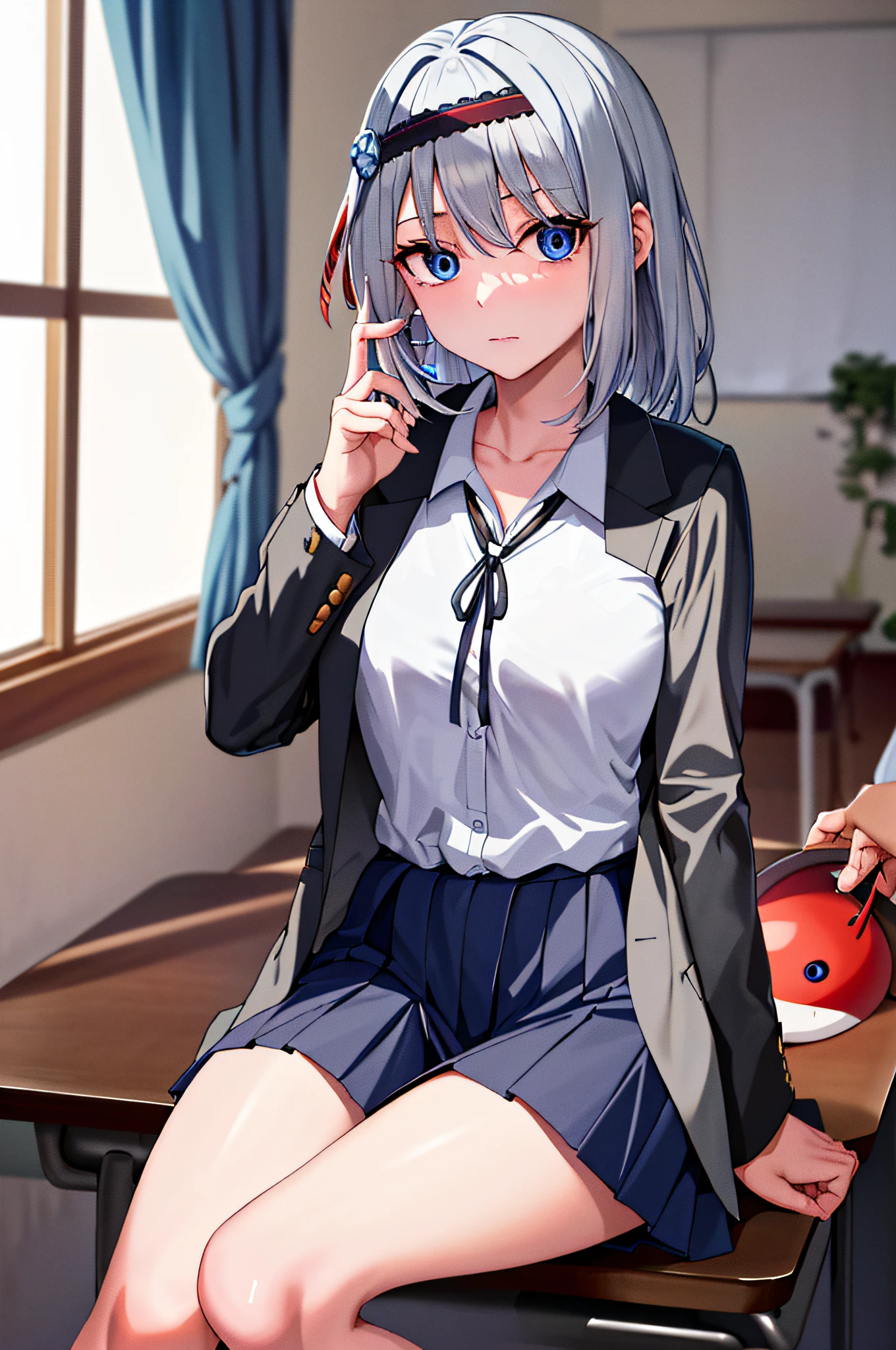 (masterpiece), (best quality), highres, ((((1girl she has gray hair with blue eyes and 1boy he has short black hair with red eyes who are classmates))))), ((((They have different hair colors and eyes do not confuse)))), (draws Kei and kiyotaka ayanokoji looking at each other), (2schoolmates who are Kei and kiyotaka ayanokoji looking at each other),  (kei1), (1girl), solo, ((((she has blue eyes)))), (she has long hair), (she wears a school uniform), (she has ribbon), (she has bangs), collarbone, she has gray hair, she has black hair band, she has neck ribbon, hair between her eyes, she has medium breasts, cowboy shot, she is looking seriously at kiyotaka ayanokoji,  anatomically correct whole body, is inside a school room, is sitting on a bed with her legs together, full detached scenary, (1boy), (kiyotaka ayanokoji), 15-year-old teenager, school uniform white shirt black jacket open jacket red tie long black pants sitting, ((((he has red eyes)))), ((he has short black hair)), anatomically correct whole body,  he has a jesus necklace around his neck, normal legs, wears black shoes, (he's looking at Kei1 or the girl), he's sitting in a chair, he's facing Kei, (full detail escenario)