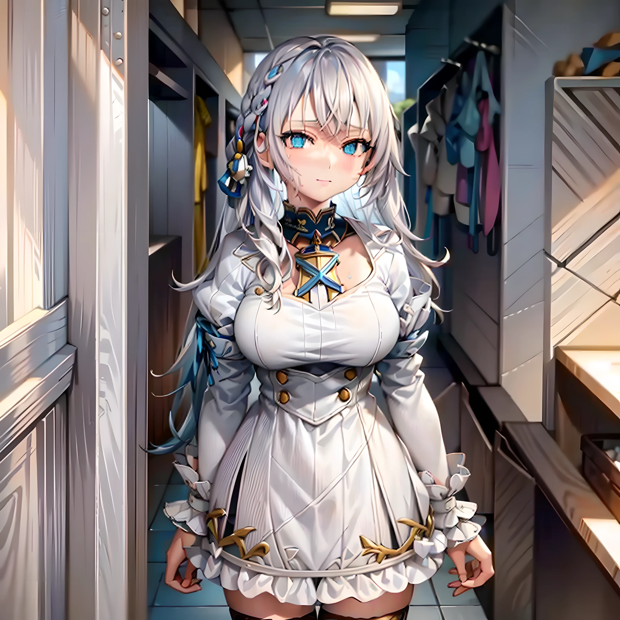 clothes reflecting light, (light diffraction on skin: 1.35), (glossy skin: 1.55), (iridescence effect: 1.55),anime, a woman with white hair and blue eyes smiling seductively is standing in a room, , process art, seductive anime girl, loli in dress, visual anime of a cute girl, girl with perfect white hair, anime moe artstyle,  fine details. Girls Frontline, From Girls Frontline, A Hyperrealistic Schoolgir, Anime Girl Wearing White Shirt with Blue Hair, Breasts, 1Girl, Neckline, Shirt, Long Hair, Blue Eyes, Drowning, Solo, White Shirt, Big Breasts, Wet, Wet Clothes, Blush, Short Sleeves, Bangs,(Masterpiece, Best Quality, Ultra-Detailed: 1.6), Illustration, (Solo, 1 Girl, Beautiful Detailed Eyes: 1.2), City, Street,Making a Heart with Your Fingers