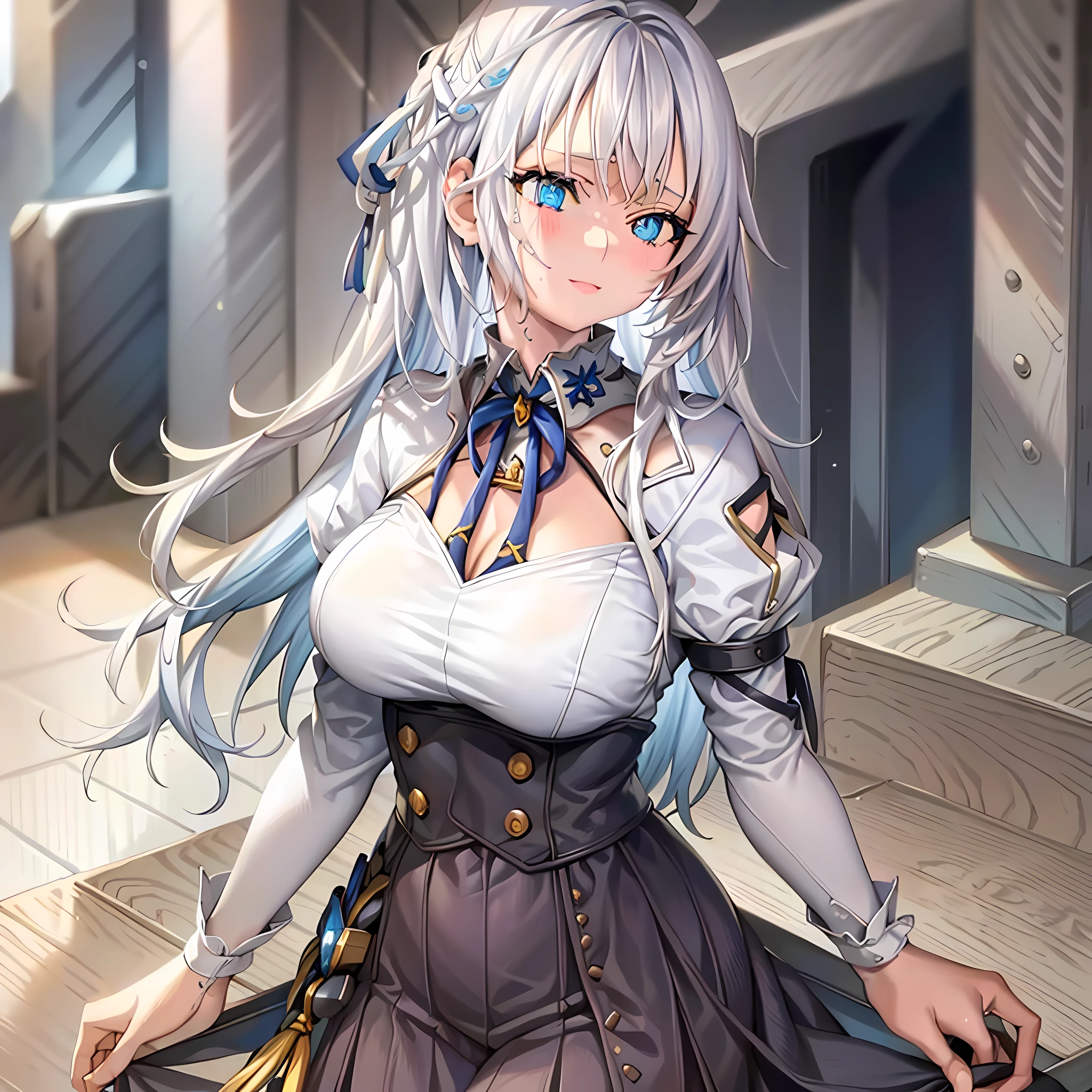 clothes reflecting light, (light diffraction on skin: 1.35), (glossy skin: 1.55), (iridescence effect: 1.55),anime, a woman with white hair and blue eyes smiling seductively is standing in a room, , process art, seductive anime girl, loli in dress, visual anime of a cute girl, girl with perfect white hair, anime moe artstyle,  fine details. Girls Frontline, From Girls Frontline, A Hyperrealistic Schoolgir, Anime Girl Wearing White Shirt with Blue Hair, Breasts, 1Girl, Neckline, Shirt, Long Hair, Blue Eyes, Drowning, Solo, White Shirt, Big Breasts, Wet, Wet Clothes, Blush, Short Sleeves, Bangs,(Masterpiece, Best Quality, Ultra-Detailed: 1.6), Illustration, (Solo, 1 Girl, Beautiful Detailed Eyes: 1.2), City, Street,Making a Heart with Your Fingers, show the chest