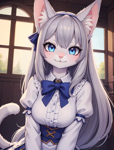 hi res), ((masterpiece)) , ((best quality)), illustration, furry, cat, animal ears, tail, bodyfur, 1girl, POV, upper body, 1girl, solo, long hair, gray hair, *//*, blue eye, *//*, white blouse, looking at viewer, smile,
