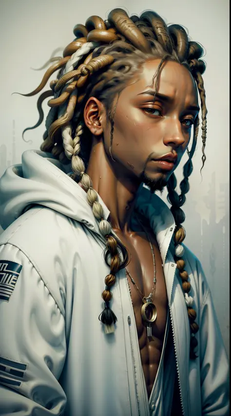 1rapper with biodread hair, modern all-white clothing with black stripes(H R Gigger), fog, detailed and realistic image, amazing...