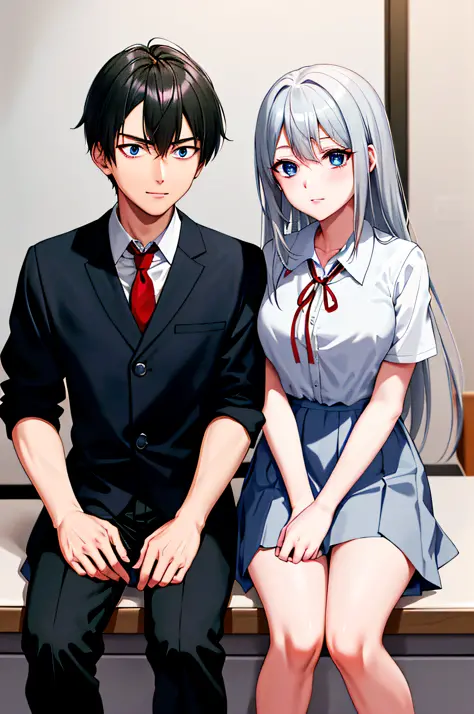 (masterpiece), (best quality), highres, ((((1girl she has gray hair with blue eyes and 1boy he has short black hair with red eye...