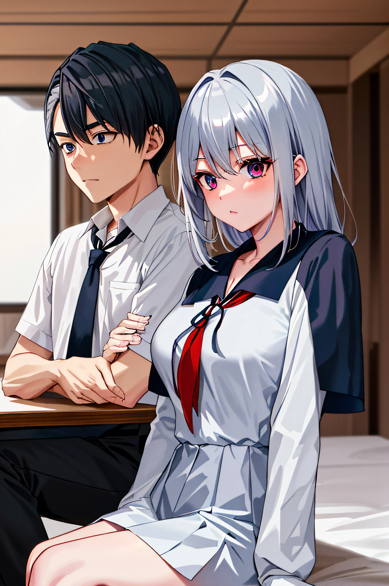 (masterpiece), (best quality), highres, ((((1girl she has gray hair with blue eyes and 1boy he has short black hair with red eyes who are classmates))))), ((((They have different hair colors and eyes do not confuse)))), (draws Kei and kiyotaka ayanokoji looking at each other), (2schoolmates who are Kei and kiyotaka ayanokoji looking at each other),  (kei1), (1girl), solo, she has blue eyes, she has long hair, (she wears a school uniform), she has ribbon, she has bangs, collarbone, she has gray hair, she has black hair band, she has neck ribbon, hair between her eyes, she has medium breasts, cowboy shot, she is looking seriously at kiyotaka ayanokoji,  anatomically correct whole body, is inside a school room, is sitting on a bed with her legs together, full detallado scenary, (1boy), (kiyotaka ayanokoji), 15 year old teenager, school uniform white shirt black jacket open jacket red tie long black pants sitting, he has red eyes, he has short black hair, whole body anatomically correct,  he has a jesus necklace around his neck, normal legs, wears black shoes, (he's looking at Kei1 or the girl), he's sitting in a chair, he's facing Kei, (full detail escenario)