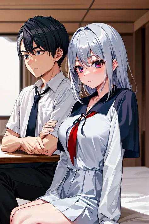 (masterpiece), (best quality), highres, ((((1girl she has gray hair with blue eyes and 1boy he has short black hair with red eye...