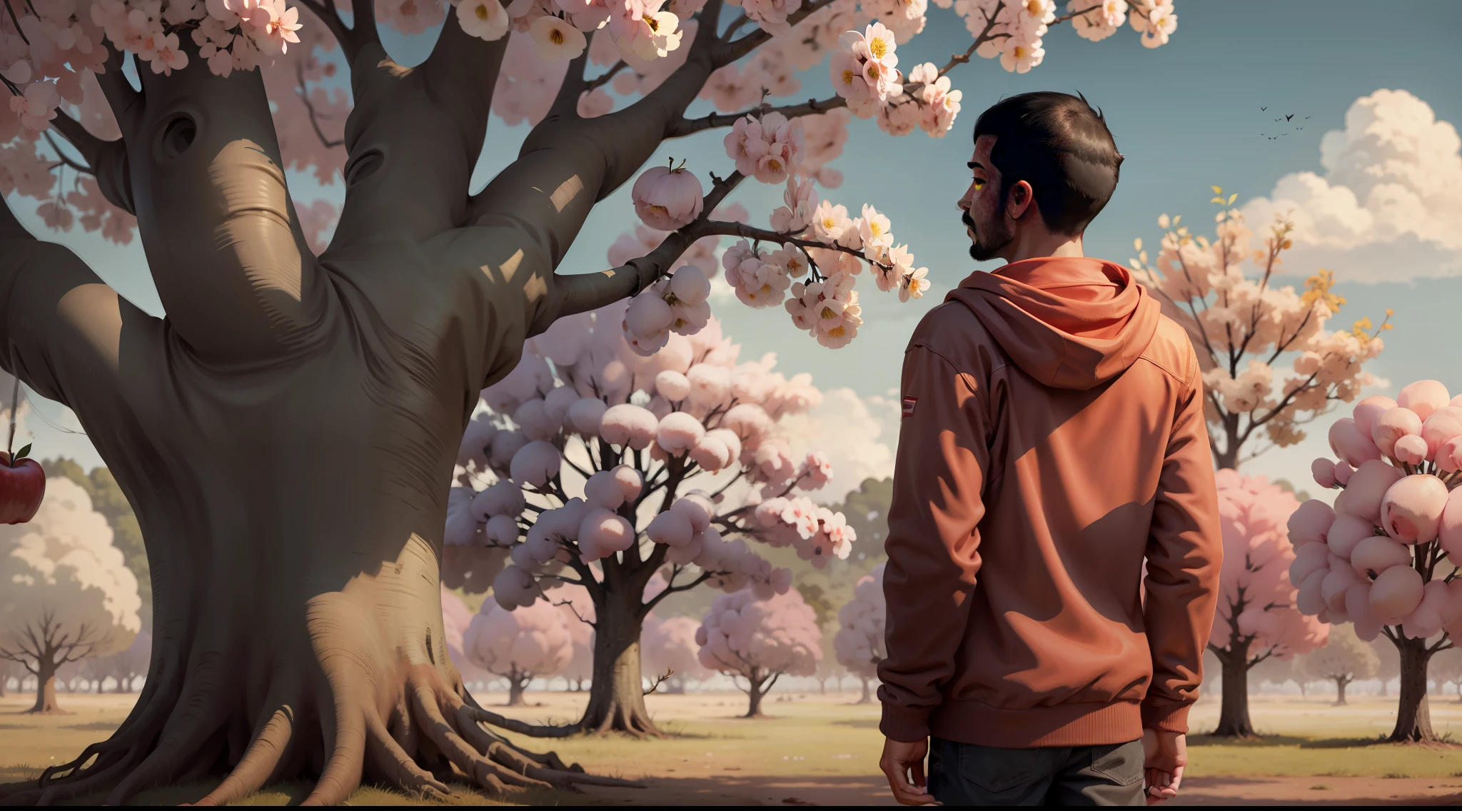 man standing, looking at an apple tree