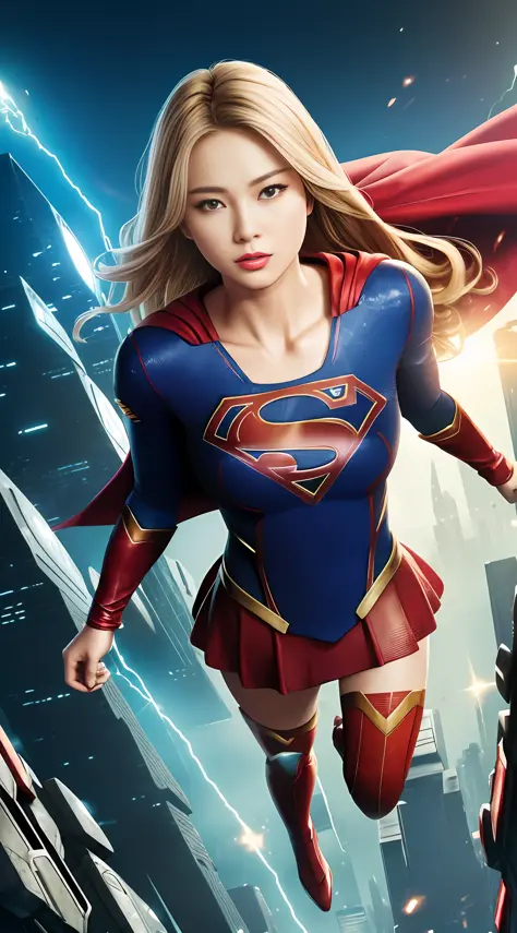 ((Best quality)), ((Supergirl's masterpiece)), (highly detailed:1.3), 3D, beautiful, (cyberpunk:1.2), in space, nebulous, holding_weapon, laser, (1Female Mecha:1.3), sexy body, facing audience, bright blue eyes, full body, (flying, descending, dynamic, mot...