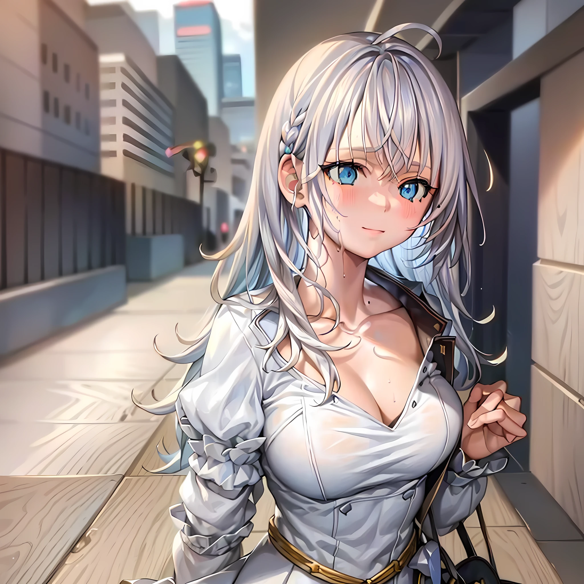 clothes reflecting light, (light diffraction on skin: 1.35), (glossy skin: 1.55), (iridescence effect: 1.55),anime, a woman with white hair and blue eyes smiling seductively is standing in a room, , process art, seductive anime girl, loli in dress, visual anime of a cute girl, girl with perfect white hair, anime moe artstyle,  fine details. Girls Frontline, From Girls Frontline, A Hyperrealistic Schoolgir, Anime Girl Wearing White Shirt with Blue Hair, Breasts, 1Girl, Neckline, Shirt, Long Hair, Blue Eyes, Drowning, Solo, White Shirt, Big Breasts, Wet, Wet Clothes, Blush, Short Sleeves, Bangs,(Masterpiece, Best Quality, Ultra-Detailed: 1.6), Illustration, (Solo, 1 Girl, Beautiful Detailed Eyes: 1.2), City, Street,Making a Heart with Your Fingers, Expression of girl in love