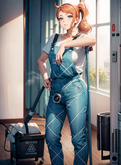 sonia
side ponytail
heart hair ornament, cleaning mopping, working as a janitor, pretty, tight  janitor overalls