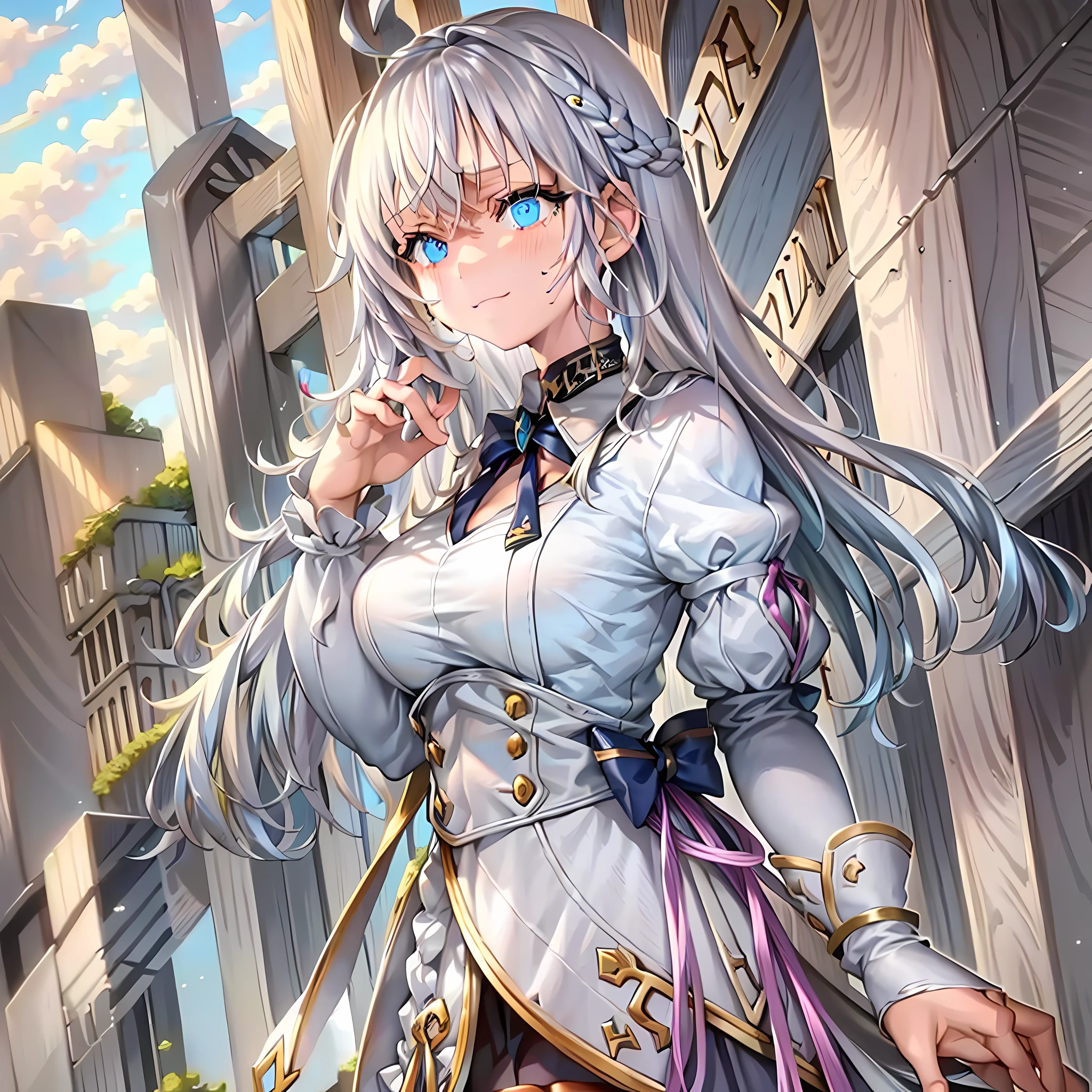 clothes reflecting light, (light diffraction on skin: 1.35), (glossy skin: 1.55), (iridescence effect: 1.55),anime, a woman with white hair and blue eyes happy, smiling seductively is standing in a room, , process art, seductive anime girl, loli in dress, visual anime of a cute girl, girl with perfect white hair, anime moe artstyle,  fine details. Girls Frontline, From Girls Frontline, A Hyperrealistic Schoolgir, Anime Girl Wearing White Shirt with Blue Hair, Breasts, 1Girl, Neckline, Shirt, Long Hair, Blue Eyes, Drowning, Solo, White Shirt, Big Breasts, Wet, Wet Clothes, Blush, Short Sleeves, Bangs,(Masterpiece, Best Quality, Ultra-Detailed: 1.6), Illustration, (Solo, 1 Girl, Beautiful Detailed Eyes: 1.2), City, Street,Making a Heart with Your Fingers, Expression of girl in love