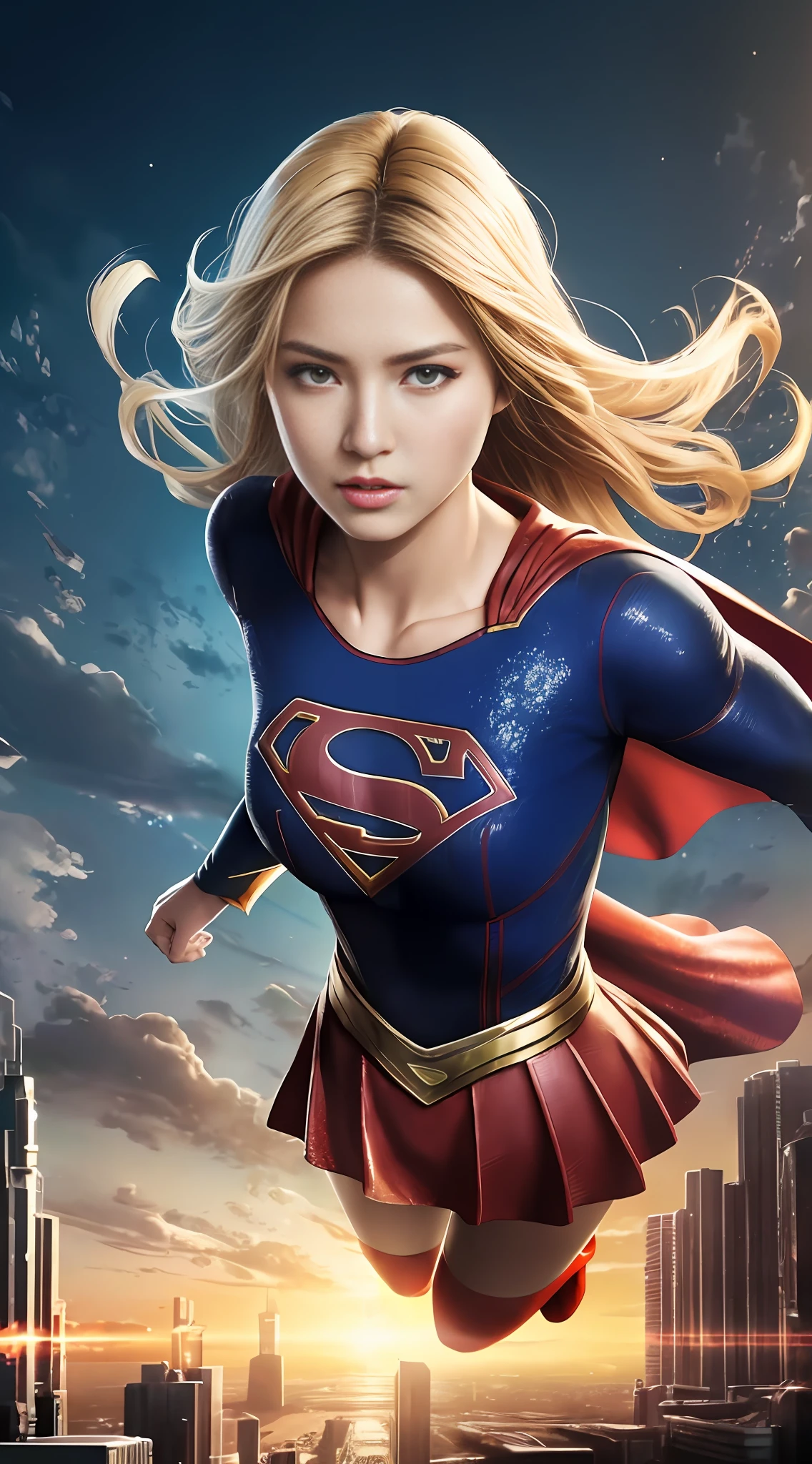 ((Best quality)), ((Supergirl's masterpiece)), (highly detailed:1.3), 3D, beautiful, (cyberpunk:1.2), in space, nebulous, holding_weapon, laser, (1Female Mecha:1.3), sexy body, facing audience, bright blue eyes, full body, (flying, descending, dynamic, motion blur: 1.4), (huge mecha wings: 1.6), looking up, glowing_eyes, mecha, panorama, background is earth, nebula,  Space, Particles, Reality, HDR (High Dynamic Range), Ray Tracing, NVIDIA RTX, Super Resolution, Unreal 5, Subsurface Scattering, PBR Textures, Post-Processing, Anisotropic Filtering, Depth of Field, Maximum Clarity and Clarity, Multilayer Textures, Albedo and Specular Maps, Surface Shading, Accurate Simulation of Light-Material Interaction, Perfect Proportions, Octane Render, Two-Tone Lighting, Large Aperture, Low ISO, White Balance,  rule of thirds, 8K RAW, efficient sub-pixel, sub-pixel volume product, (best quality), (American: 0.5), (blonde: 0.8), (Liu Yi Fei: 1.5) long blonde hair, (big chest: 1.2) s of superman on chest