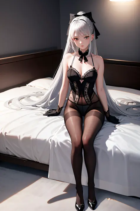 (((1 girl)),ray tracing,(dim lighting),[detailed background (bedroom)),((silver hair)),((silver hair)),(Fluffy silver hair, plump slender girl)) with high ponytail)))) Avoid blonde eyes in the ominous bedroom ((((Girl wears intricately embroidered black hi...