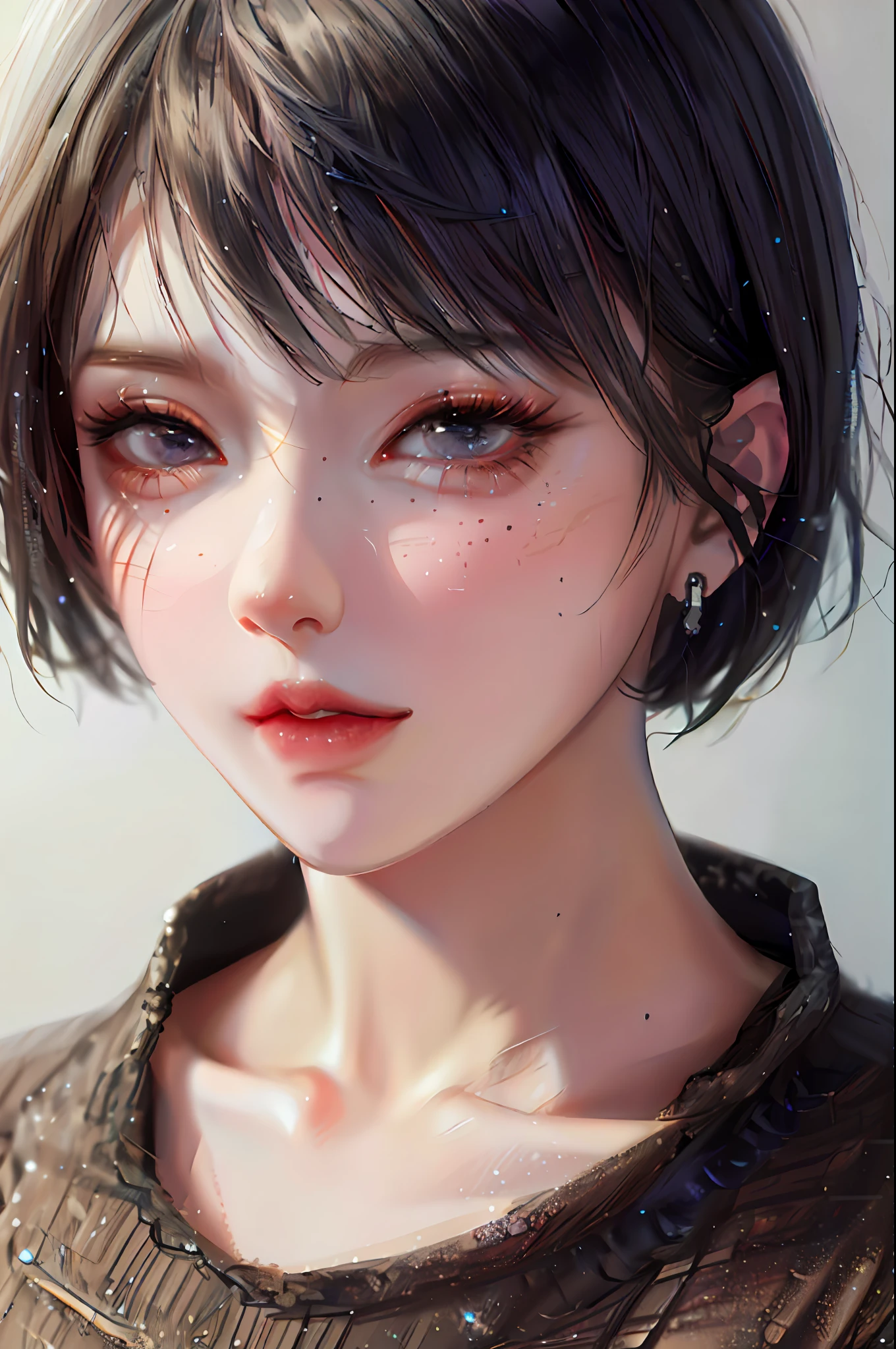Close up portrait of woman with short hair and necklace, cute realistic portrait, stunning anime face portrait, beautiful anime portrait, realistic anime art style, portrait cute fine face, smooth anime CG art, Guweiz style artwork, realistic anime 3D style, 3d anime realistic, anime realism style
