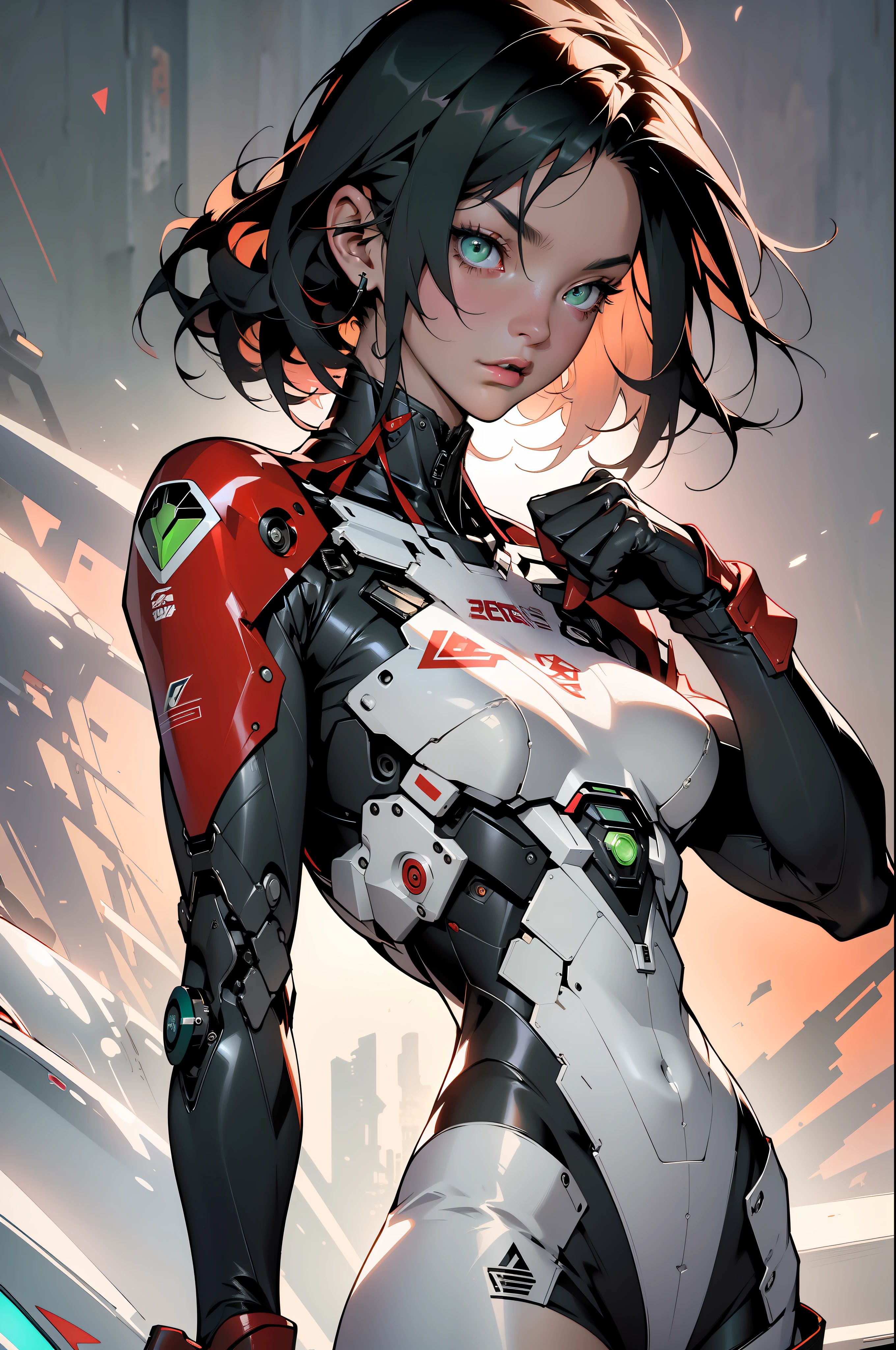 ((Best quality)), ((masterpiece)), (detailed: 1.4), (Absurd), Caucasian woman fighter pilot ready for war, perfect body, Lara Croft, defined muscles, varied colors, half thick naked thighs, closed mouth, only in panties, muscular body covered by technological clothing, Neon Genesis Evangelion style, cyberpunk, generous neckline, ((perfect large breasts)), (green eyes), (((short straight hair))), (thin stripes covering breasts),  (Yakuza tattoo on the arms), short underwear, garter belt, by mucha, niji --V5, close to real, psychopathic, crazy face, sexy pose, background with a giant Gundam-style robot head, 2 piece clothing, pointed shoulder pads, pastel, centered, scale to fit dimensions, HDR (High Dynamic Range),Ray Tracing,NVIDIA RTX,Super-Resolution,Unreal 5,Subsurface dispersion,  PBR Texture, Post-processing, Anisotropic filtering, Depth of field, Maximum clarity and sharpness, Multilayer textures, Albedo and specular maps, Surface shading, Accurate simulation of light-material interaction, Perfect proportions, Octane Render, Two-tone lighting, Wide aperture, Low ISO, White balance, Rule of thirds, 8K RAW