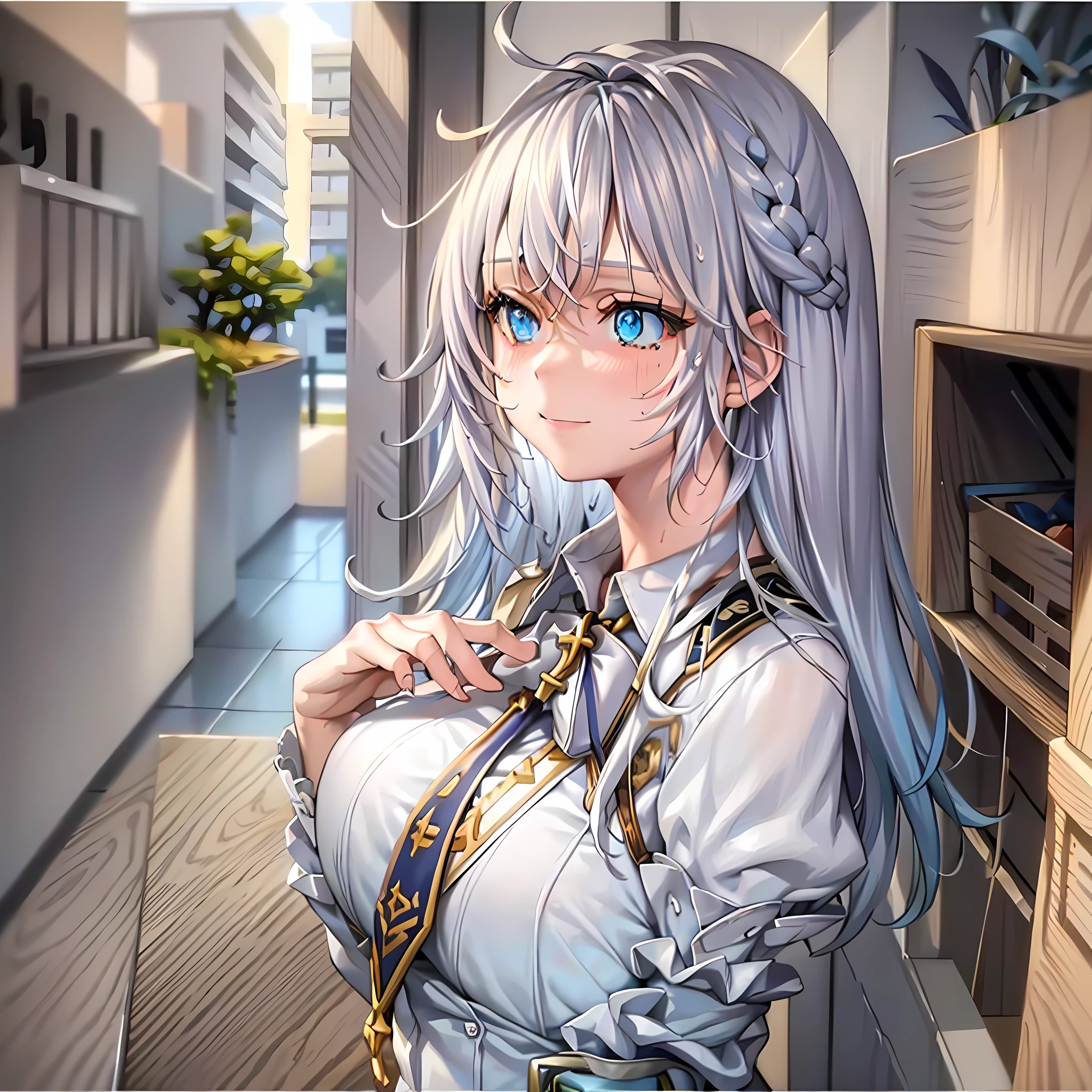 clothes reflecting light, (light diffraction on skin: 1.35), (glossy skin: 1.55), (iridescence effect: 1.55),anime, a woman with white hair and blue eyes smiling seductively is standing in a room, , process art, seductive anime girl, loli in dress, visual anime of a cute girl, girl with perfect white hair, anime moe artstyle,  fine details. Girls Frontline, From Girls Frontline, A Hyperrealistic Schoolgir, Anime Girl Wearing White Shirt with Blue Hair, Breasts, 1Girl, Neckline, Shirt, Long Hair, Blue Eyes, Drowning, Solo, White Shirt, Big Breasts, Wet, Wet Clothes, Blush, Short Sleeves, Bangs,(Masterpiece, Best Quality, Ultra-Detailed: 1.6), Illustration, (Solo, 1 Girl, Beautiful Detailed Eyes: 1.2), City, Street,Making a Heart with Your Fingers, show the chest