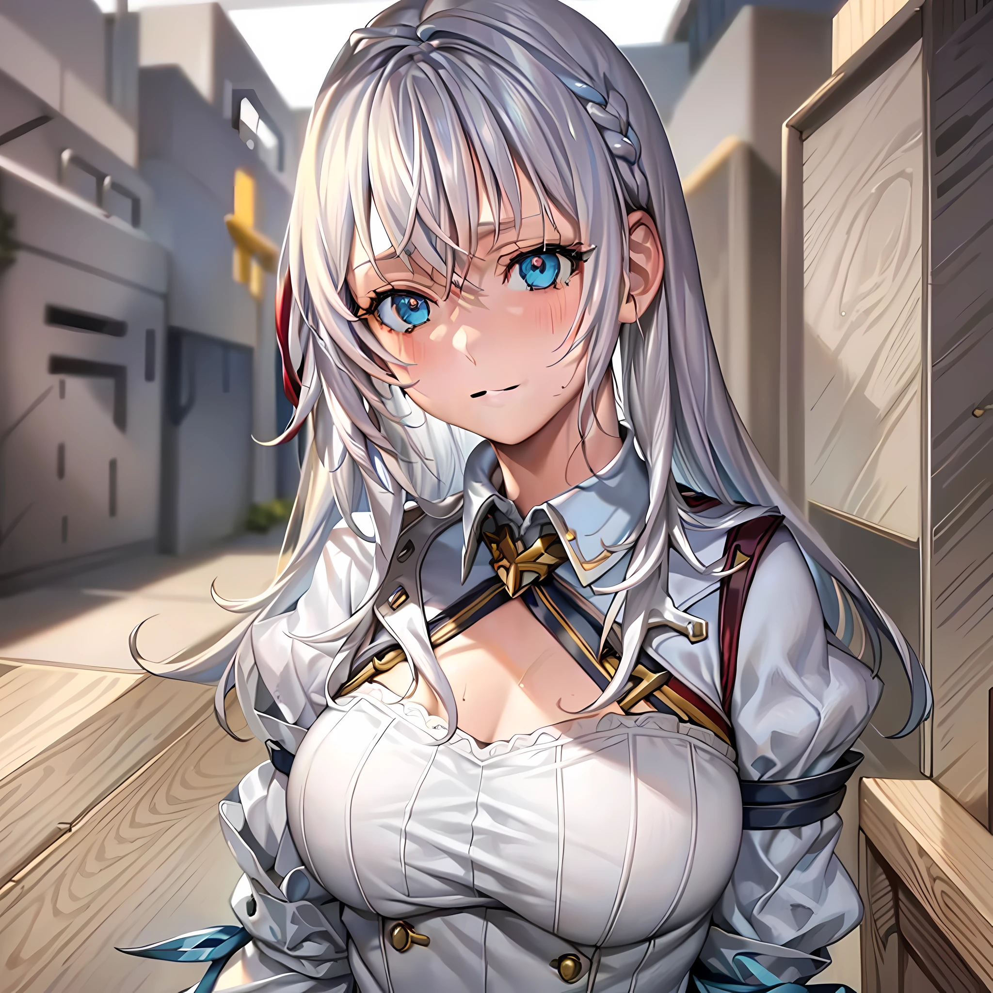 clothes reflecting light, (light diffraction on skin: 1.35), (glossy skin: 1.55), (iridescence effect: 1.55),anime, a woman with white hair and blue eyes smiling seductively is standing in a room, , process art, seductive anime girl, loli in dress, visual anime of a cute girl, girl with perfect white hair, anime moe artstyle, fine details. Girls Frontline, From Girls Frontline, A Hyperrealistic Schoolgir, Anime Girl Wearing White Shirt with Blue Hair, Breasts, 1Girl, Neckline, Shirt, Long Hair, Blue Eyes, Drowning, Solo, White Shirt, Big Breasts, Wet, Wet Clothes, Blush, Short Sleeves, Bangs,(Masterpiece, Best Quality, Ultra-Detailed: 1.6), Illustration, (Solo, 1 Girl, Beautiful Detailed Eyes: 1.2), City, Street, Making a Heart with Fingers, Expression of girl in love, open the neckline of her dress