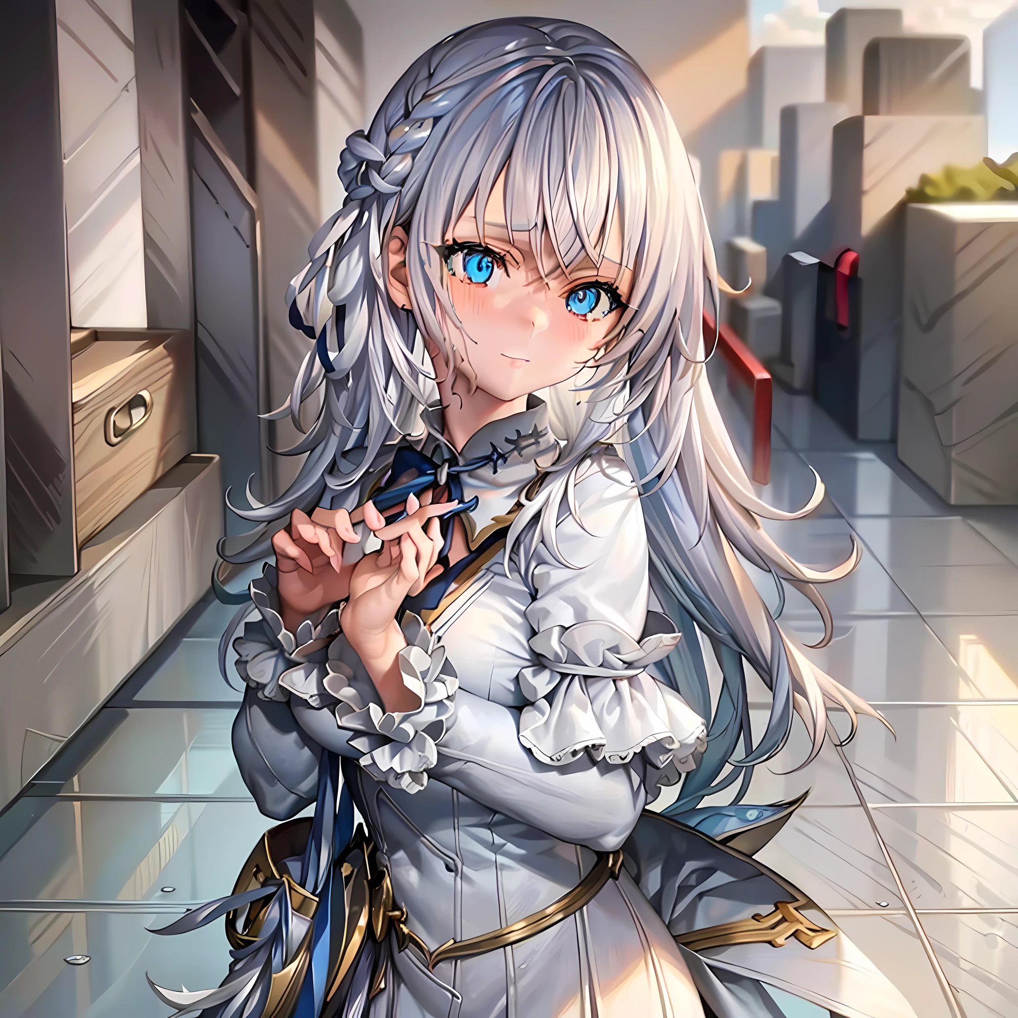 clothes reflecting light, (light diffraction on skin: 1.35), (glossy skin: 1.55), (iridescence effect: 1.55),anime, a woman with white hair and blue eyes smiling seductively is standing in a room, , process art, seductive anime girl, loli in dress, visual anime of a cute girl, girl with perfect white hair, anime moe artstyle, fine details. Girls Frontline, From Girls Frontline, A Hyperrealistic Schoolgir, Anime Girl Wearing White Shirt with Blue Hair, Breasts, 1Girl, Neckline, Shirt, Long Hair, Blue Eyes, Drowning, Solo, White Shirt, Big Breasts, Wet, Wet Clothes, Blush, Short Sleeves, Bangs,(Masterpiece, Best Quality, Ultra-Detailed: 1.6), Illustration, (Solo, 1 Girl, Beautiful Detailed Eyes: 1.2), City, Street, Making a Heart with Fingers, Expression of girl in love, open the neckline of her dress