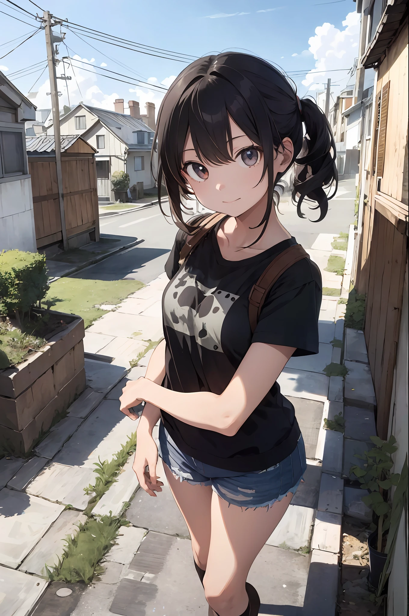 Anime girl with black hair and black shirt standing on sidewalk - SeaArt AI