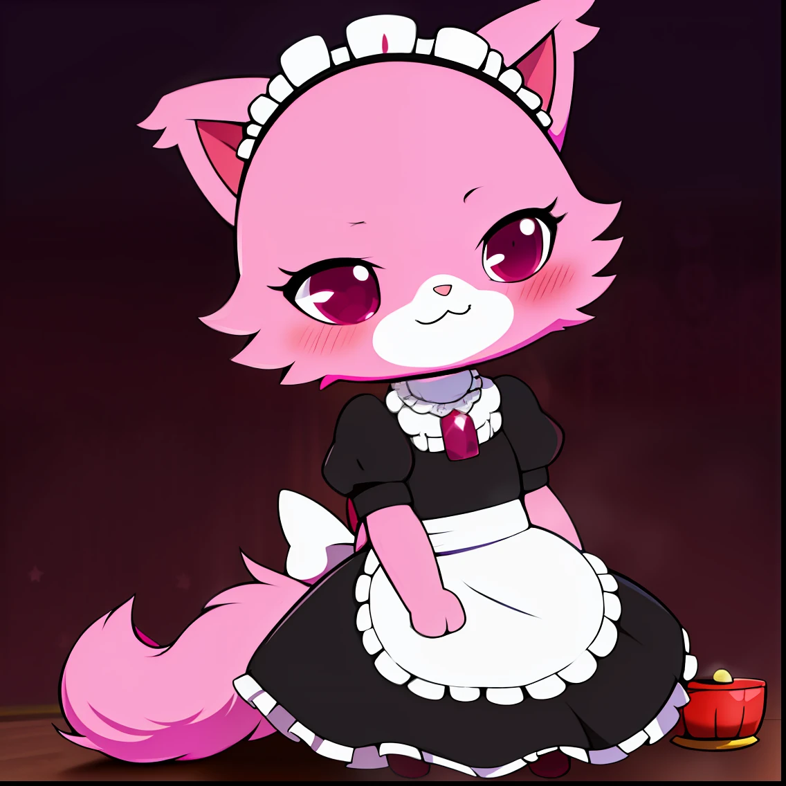 4k, masterpiece, anime cat, 1girl, cat, pink cat, Garnet, Garnet3.0(Fluffy), animal, Persian cat, body fur, neckless, jewelry, child, chibi, maid uniform, winking, :)