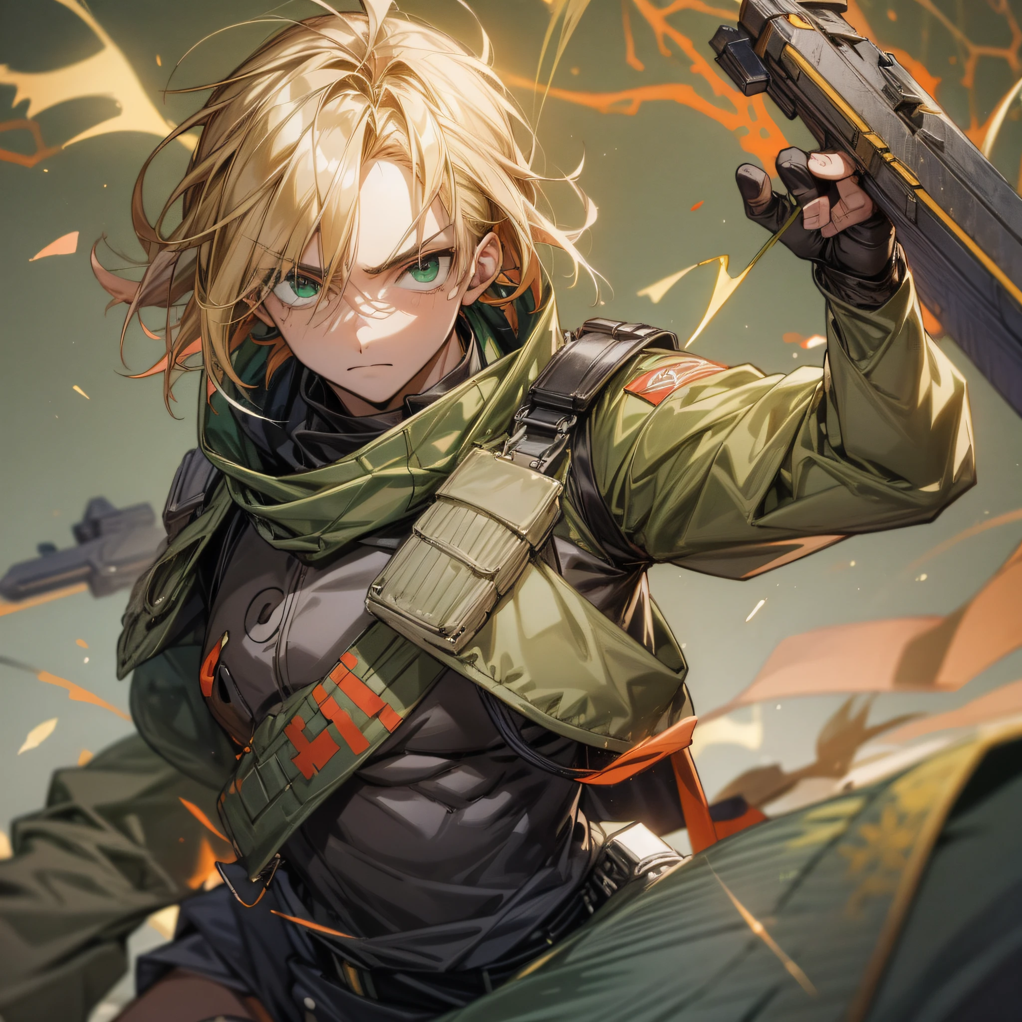 1male soldier, this in a war, blonde and brown hair, medium hair, green eyes, multicolored eyes, expressionless, masterpiece, best quality, high quality, warm colors, epic pose, terror, fear, sanque, tangues de querra, detailed full escenario, anatomically correct complete body, professional light novel illustration, 2d anime style --auto --s2