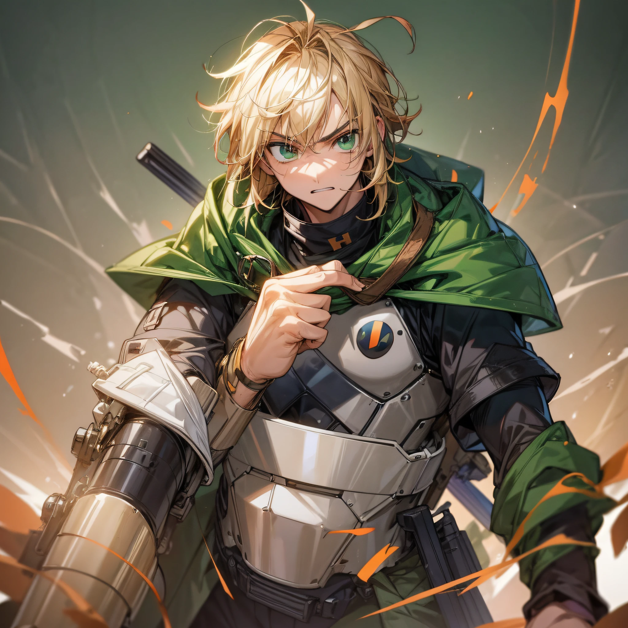 1male soldier, this in a war, blonde and brown hair, medium hair, green eyes, multicolored eyes, expressionless, masterpiece, best quality, high quality, warm colors, epic pose, terror, fear, sanque, tangues de querra, detailed full escenario, anatomically correct complete body, professional light novel illustration, 2d anime style --auto --s2