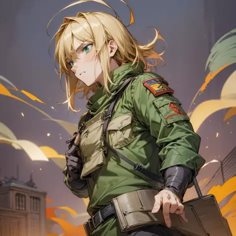 1male soldier, this in a war, blonde and brown hair, medium hair, green eyes, multicolored eyes, expressionless, masterpiece, be...