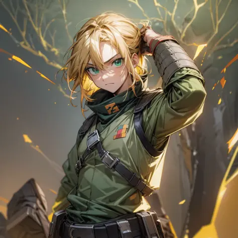 1male soldier, this in a war, blonde and brown hair, medium hair, green eyes, multicolored eyes, expressionless, masterpiece, be...