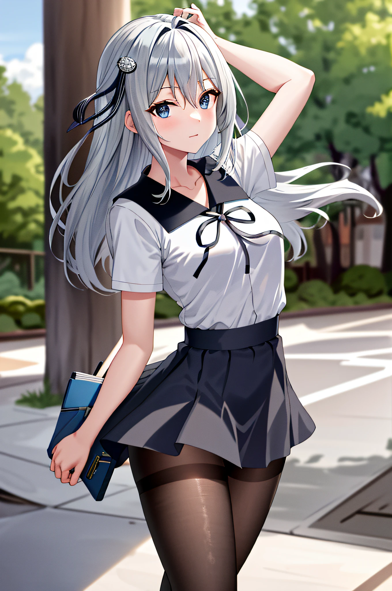 masterpiece, best quality, highres, kei1, 1girl, solo, blue eyes, long hair, social workshop uniform, short sleeves, ribbon, bangs, collarbone, gray hair, black skirt, adult appearance, anatomically correct body, hair ornament, black hair band, black pantyhose, neck ribbon, hair between eyes, medium breasts, sailor collar, back, outdoors, (wind: 1.4),  panties: 1.3)