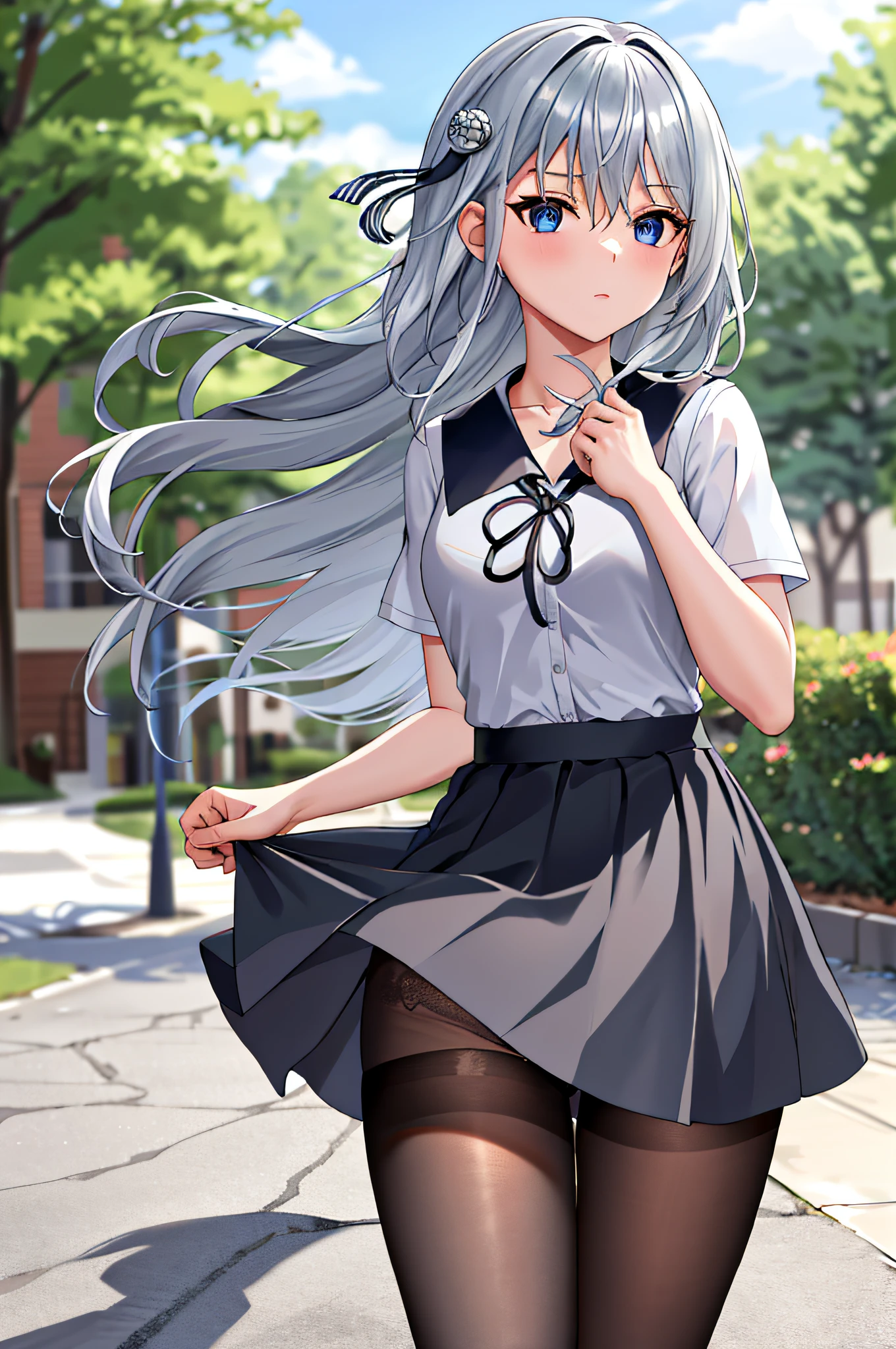 masterpiece, best quality, highres, kei1, 1girl, solo, blue eyes, long hair, social workshop uniform, short sleeves, ribbon, bangs, collarbone, gray hair, black skirt, adult appearance, anatomically correct body, hair ornament, black hair band, black pantyhose, neck ribbon, hair between eyes, medium breasts, sailor collar, back, outdoors, (wind: 1.4),  panties: 1.3)