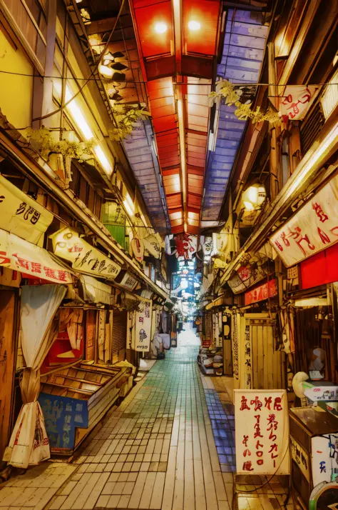 there are many signs hanging from the ceiling in this market, old japanese street market, market in japan, wet market street, ma...