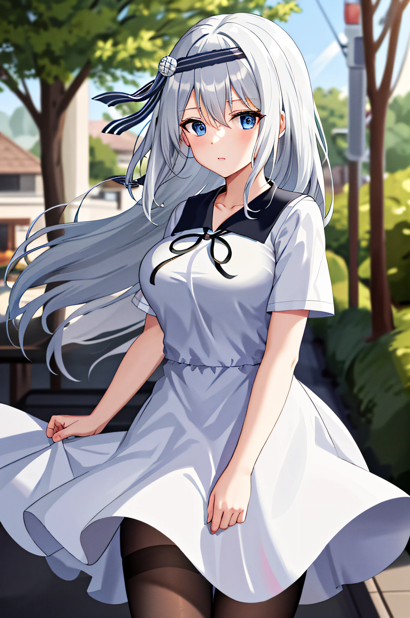 masterpiece, best quality, highres, kei1, 1girl, solo, blue eyes, long hair, white dress, short sleeves, ribbon, bangs, collarbone, gray hair, white skirt, adult appearance, hair ornament, black hair band, black pantyhose, neck ribbon, hair between eyes, large breasts, sailor collar, back, outdoors, (wind: 1.4), panties: 1.3)